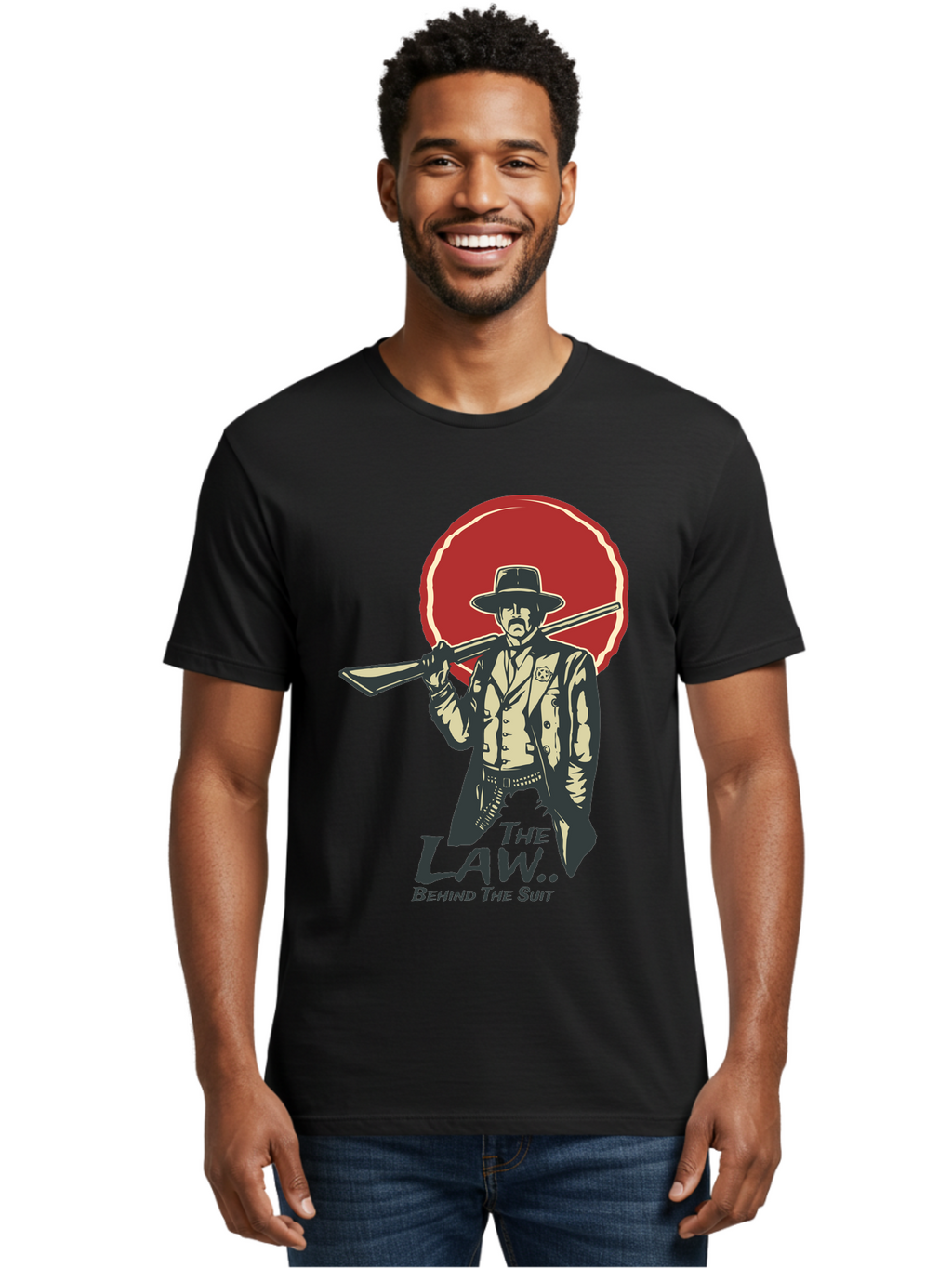 The Law Behind The Suit Men'S Graphic Tee, 100% Cotton, Comfortable Casual Summer Wear, Machine Washable, Western Sheriff, Cowboy With Shotgun, Law Enforcement, Western Style, Rugged Individualism, Vintage Graphics, Retro Illustration, Aae712