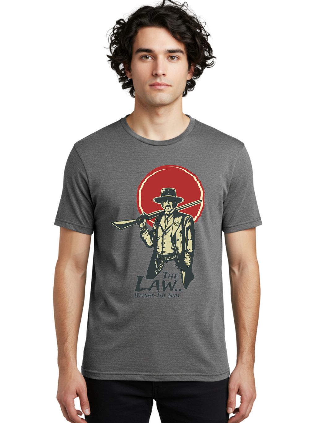 The Law Behind The Suit Men'S Graphic Tee, 100% Cotton, Comfortable Casual Summer Wear, Machine Washable, Western Sheriff, Cowboy With Shotgun, Law Enforcement, Western Style, Rugged Individualism, Vintage Graphics, Retro Illustration, Aae712