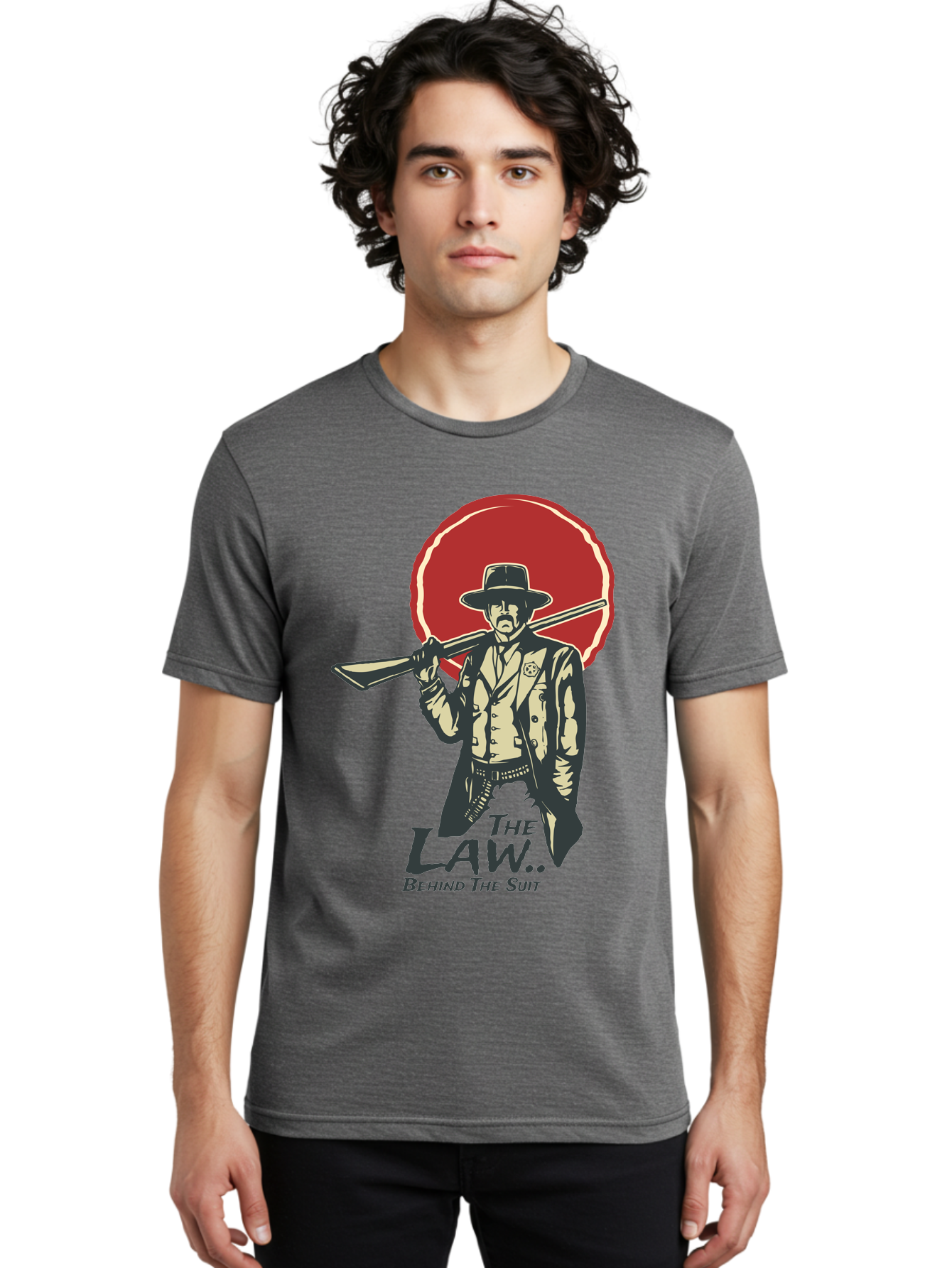 The Law Behind The Suit Men'S Graphic Tee, 100% Cotton, Comfortable Casual Summer Wear, Machine Washable, Western Sheriff, Cowboy With Shotgun, Law Enforcement, Western Style, Rugged Individualism, Vintage Graphics, Retro Illustration, Aae712
