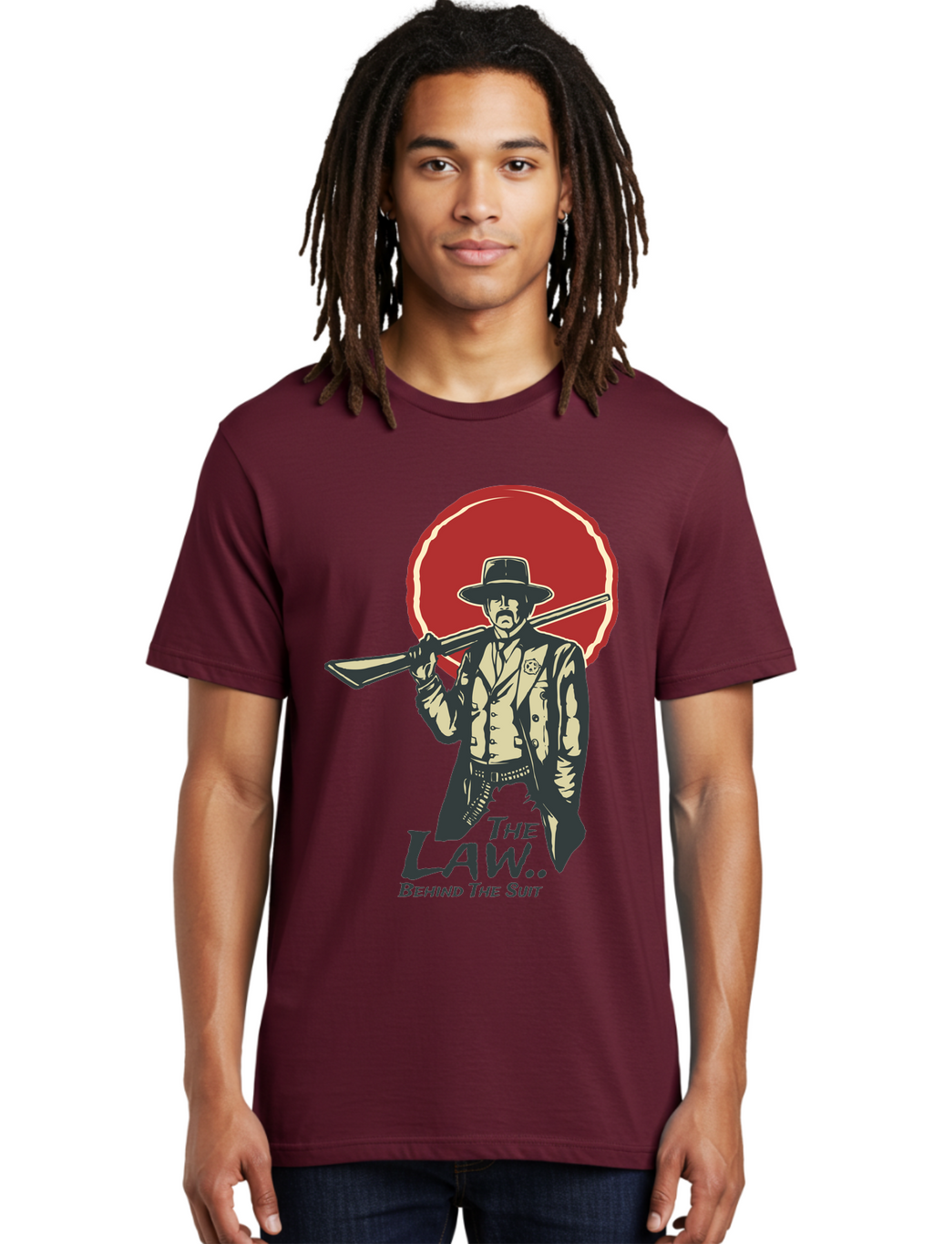 The Law Behind The Suit Men'S Graphic Tee, 100% Cotton, Comfortable Casual Summer Wear, Machine Washable, Western Sheriff, Cowboy With Shotgun, Law Enforcement, Western Style, Rugged Individualism, Vintage Graphics, Retro Illustration, Aae712
