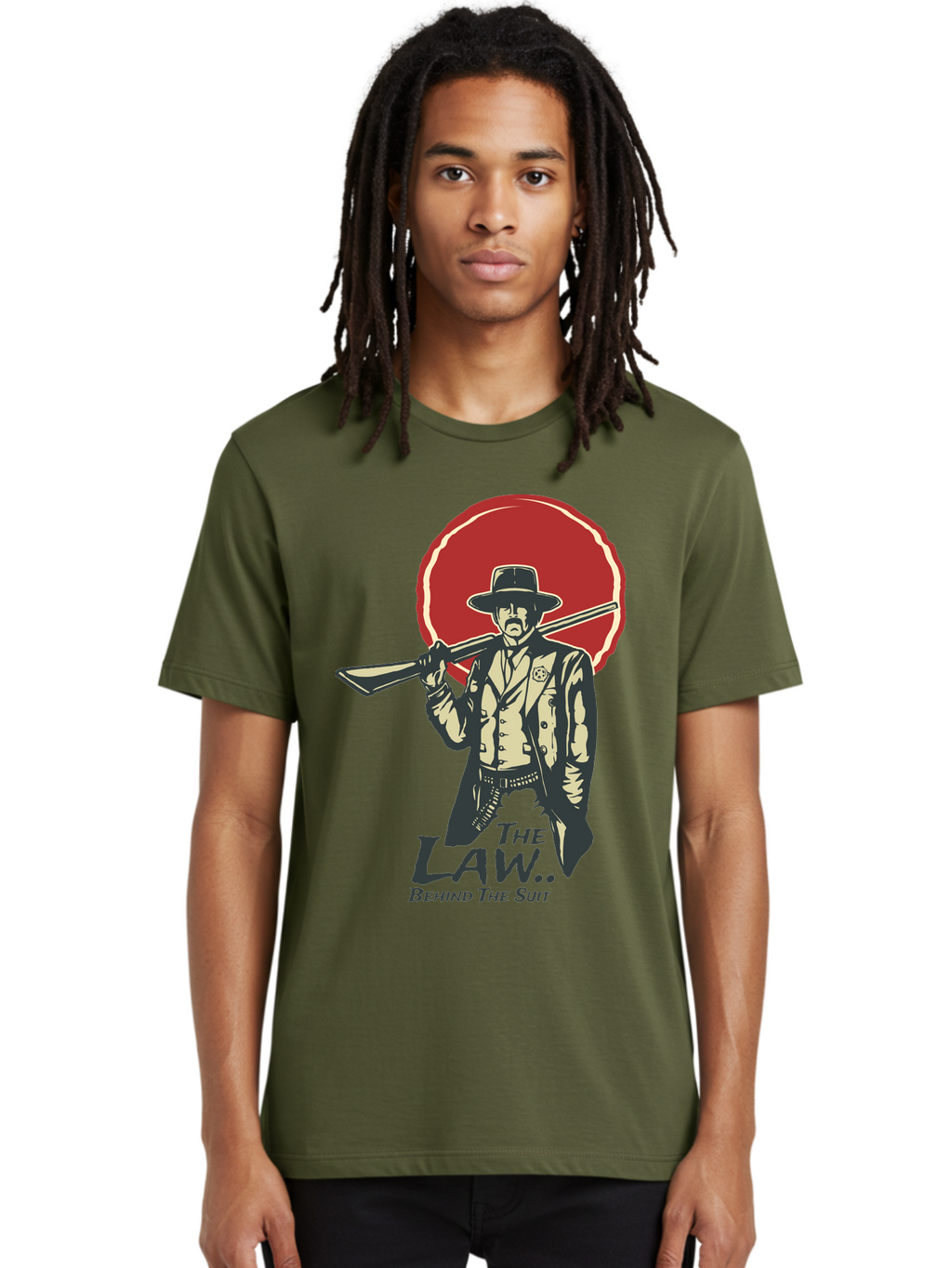 The Law Behind The Suit Men'S Graphic Tee, 100% Cotton, Comfortable Casual Summer Wear, Machine Washable, Western Sheriff, Cowboy With Shotgun, Law Enforcement, Western Style, Rugged Individualism, Vintage Graphics, Retro Illustration, Aae712