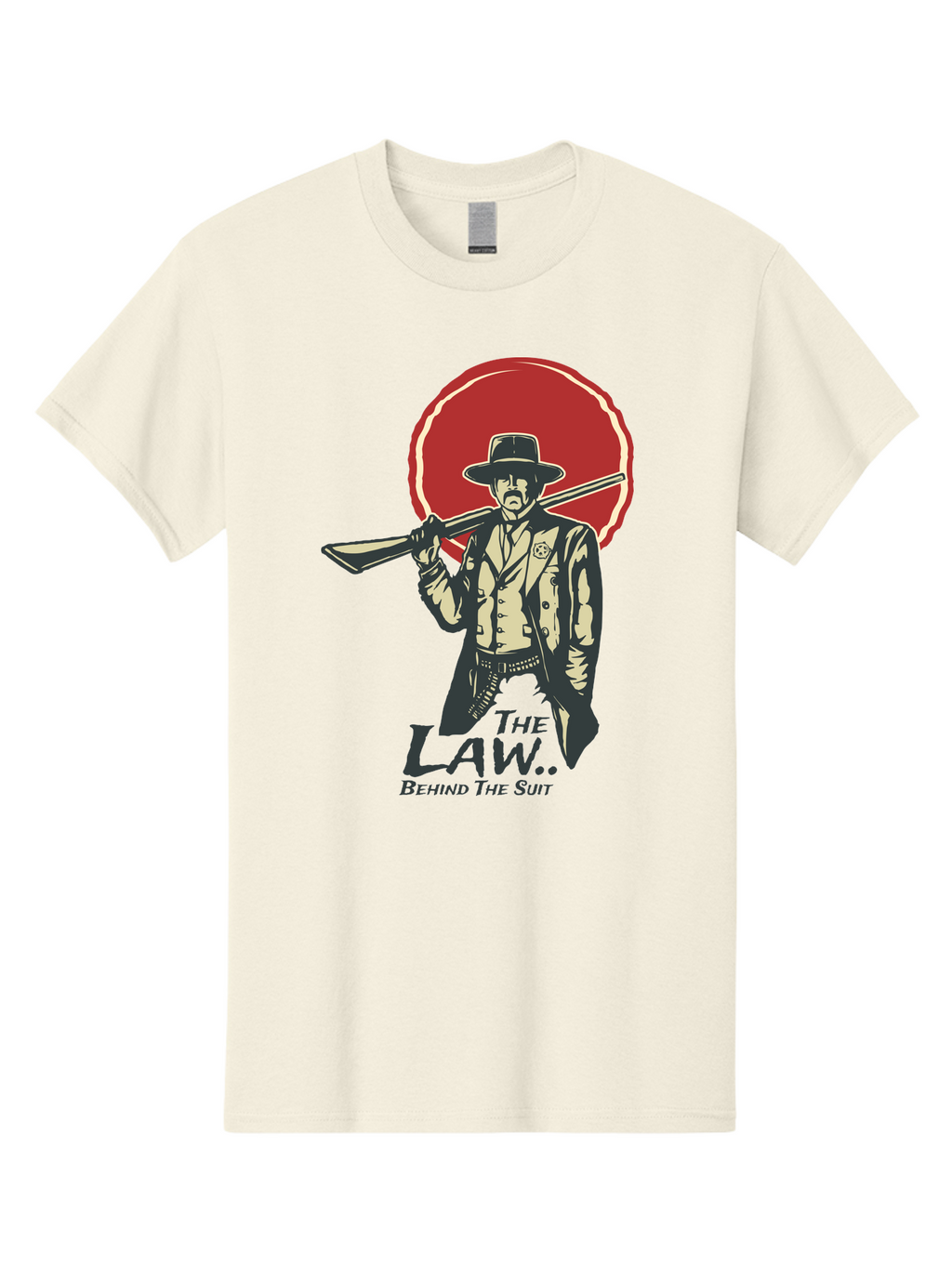 The Law Behind The Suit Men'S Graphic Tee, 100% Cotton, Comfortable Casual Summer Wear, Machine Washable, Western Sheriff, Cowboy With Shotgun, Law Enforcement, Western Style, Rugged Individualism, Vintage Graphics, Retro Illustration, Aae712