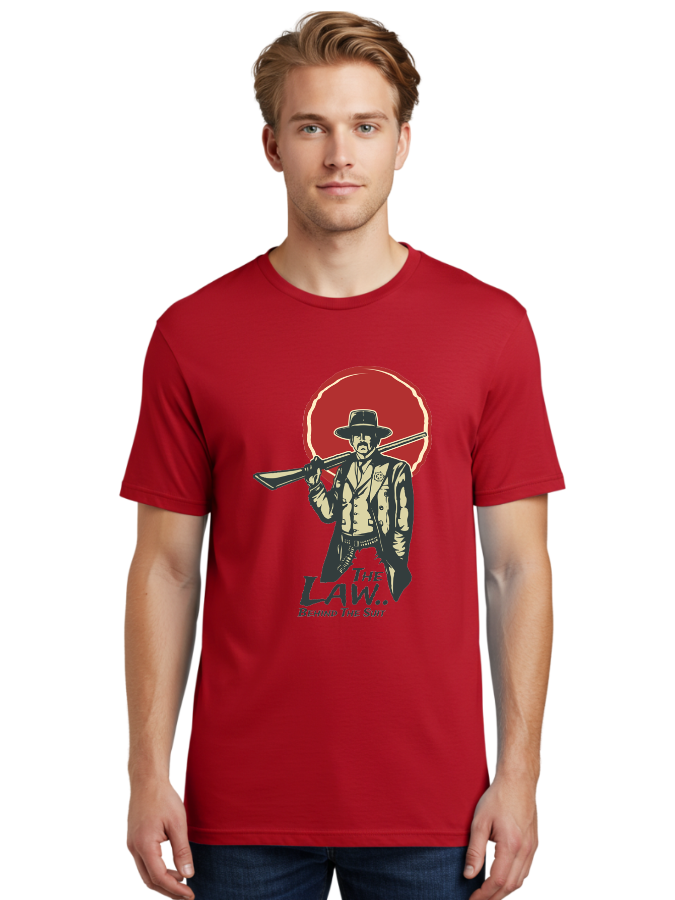 The Law Behind The Suit Men'S Graphic Tee, 100% Cotton, Comfortable Casual Summer Wear, Machine Washable, Western Sheriff, Cowboy With Shotgun, Law Enforcement, Western Style, Rugged Individualism, Vintage Graphics, Retro Illustration, Aae712