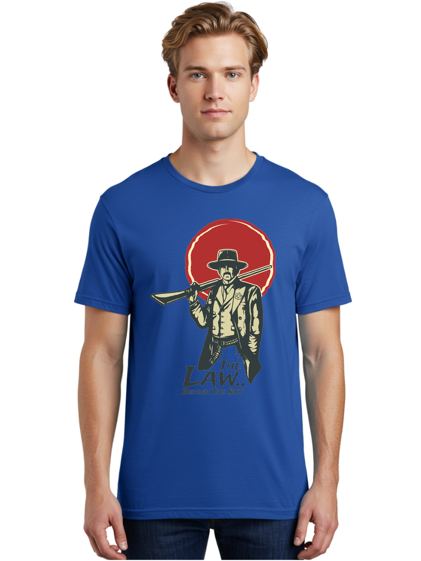 The Law Behind The Suit Men'S Graphic Tee, 100% Cotton, Comfortable Casual Summer Wear, Machine Washable, Western Sheriff, Cowboy With Shotgun, Law Enforcement, Western Style, Rugged Individualism, Vintage Graphics, Retro Illustration, Aae712