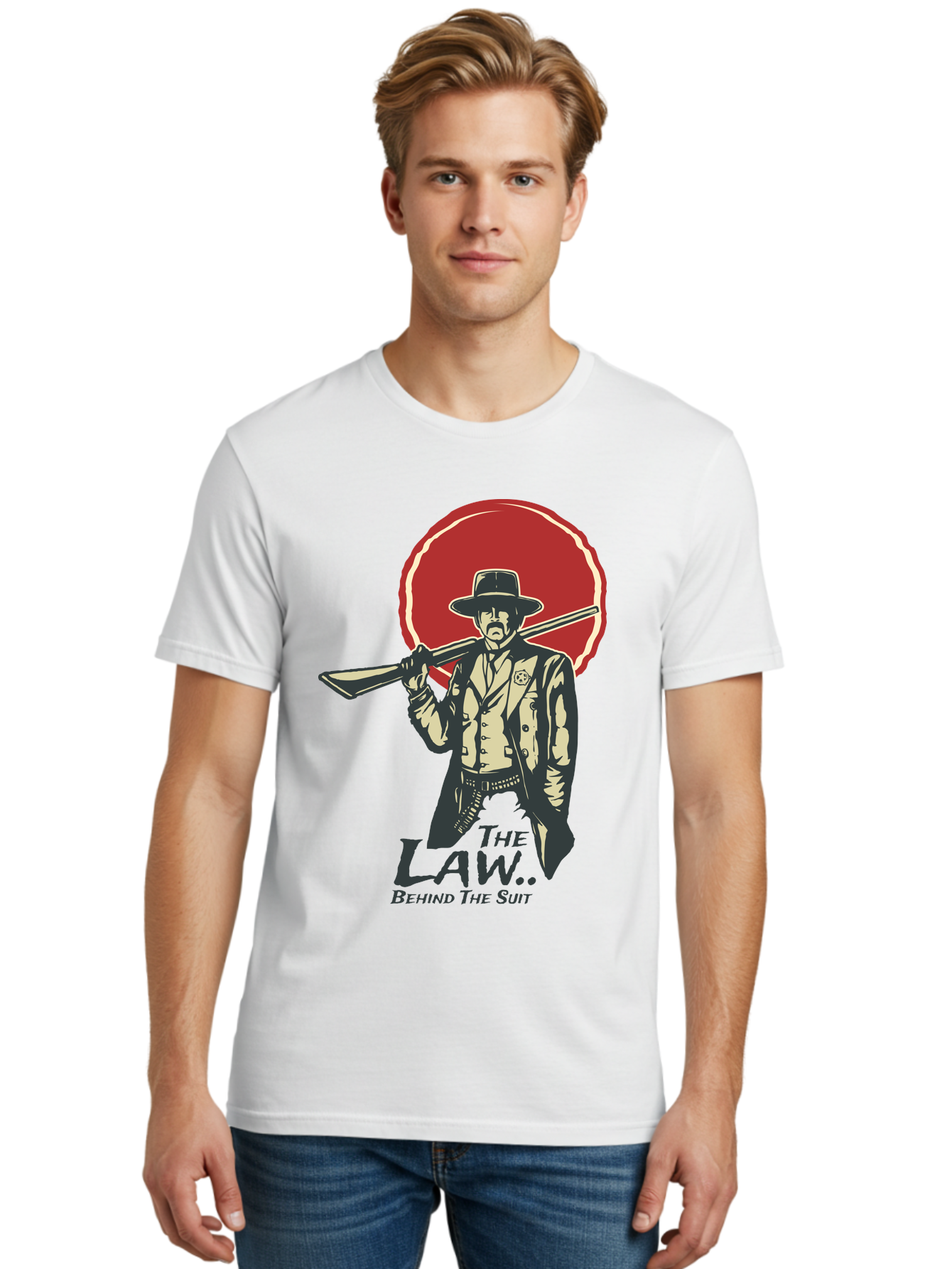 The Law Behind The Suit Men'S Graphic Tee, 100% Cotton, Comfortable Casual Summer Wear, Machine Washable, Western Sheriff, Cowboy With Shotgun, Law Enforcement, Western Style, Rugged Individualism, Vintage Graphics, Retro Illustration, Aae712