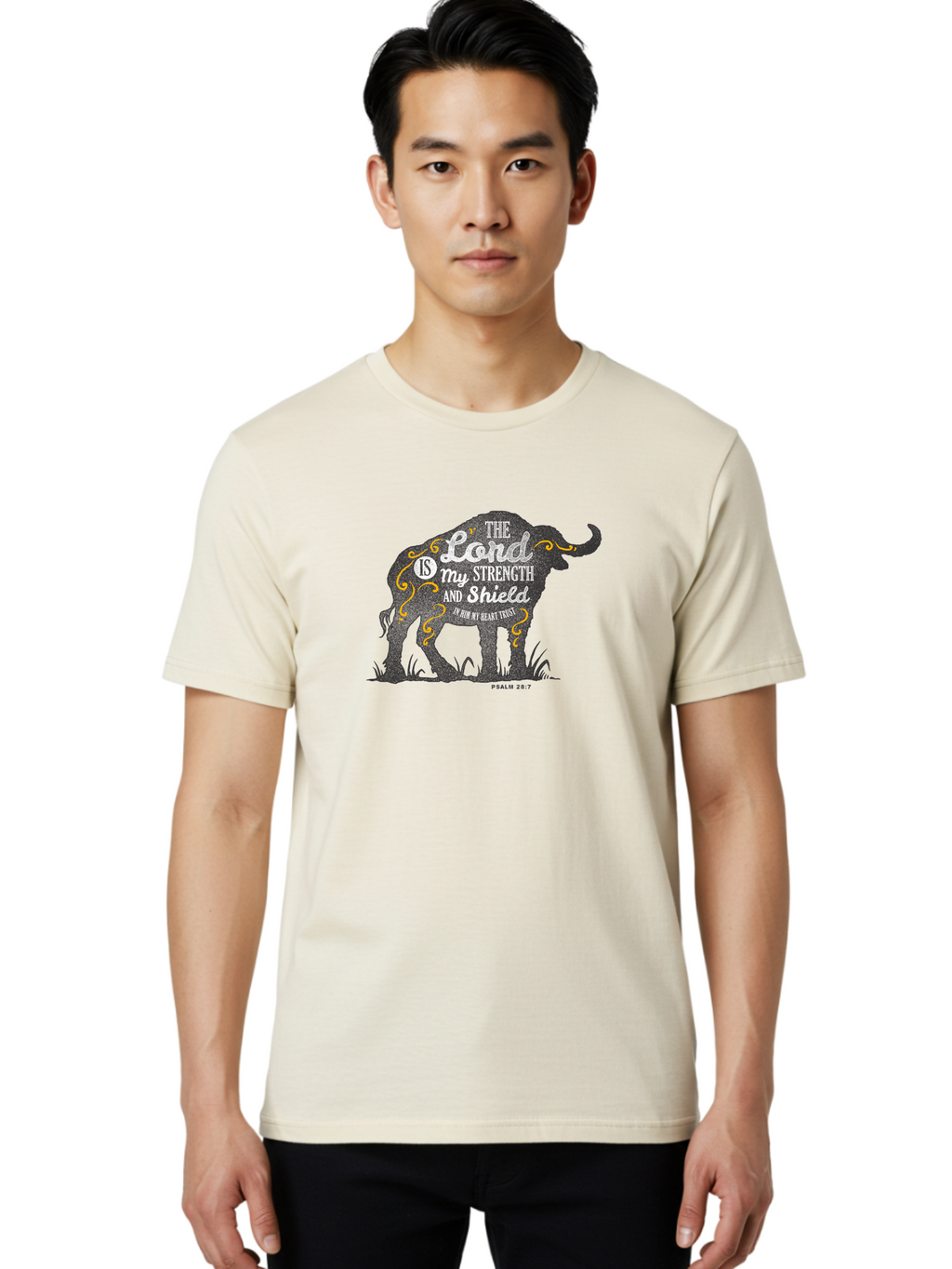 The Lord Is My Strength Men'S Graphic Tee, 100% Cotton, Comfortable Casual Summer Wear, Machine Washable, Inspirational Quote, Bible Verse, Psalm 28:7, Elephant Silhouette, Decorative Flourish, White Typography, Faith-Based Design, Aae714