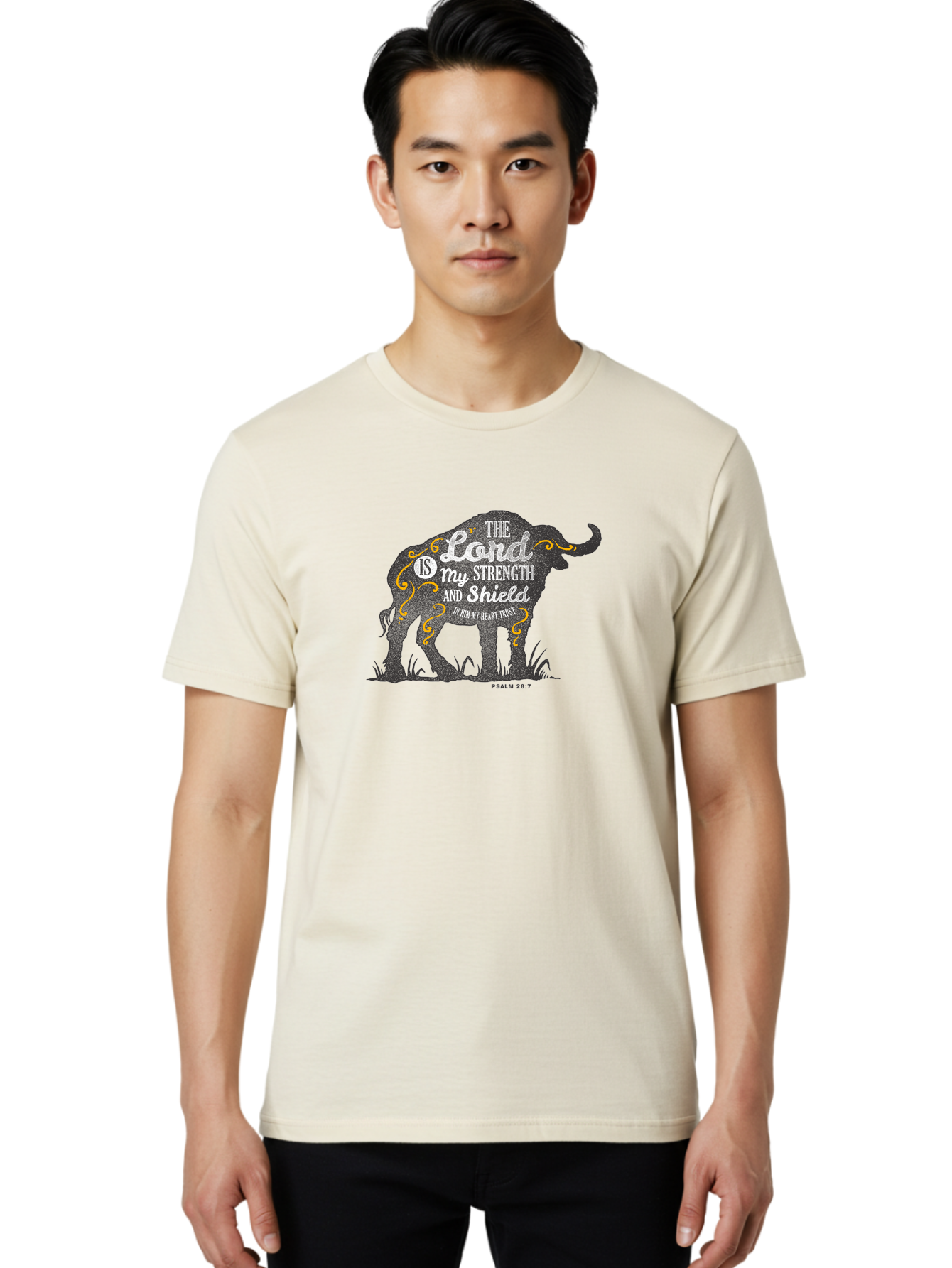 The Lord Is My Strength Men'S Graphic Tee, 100% Cotton, Comfortable Casual Summer Wear, Machine Washable, Inspirational Quote, Bible Verse, Psalm 28:7, Elephant Silhouette, Decorative Flourish, White Typography, Faith-Based Design, Aae714
