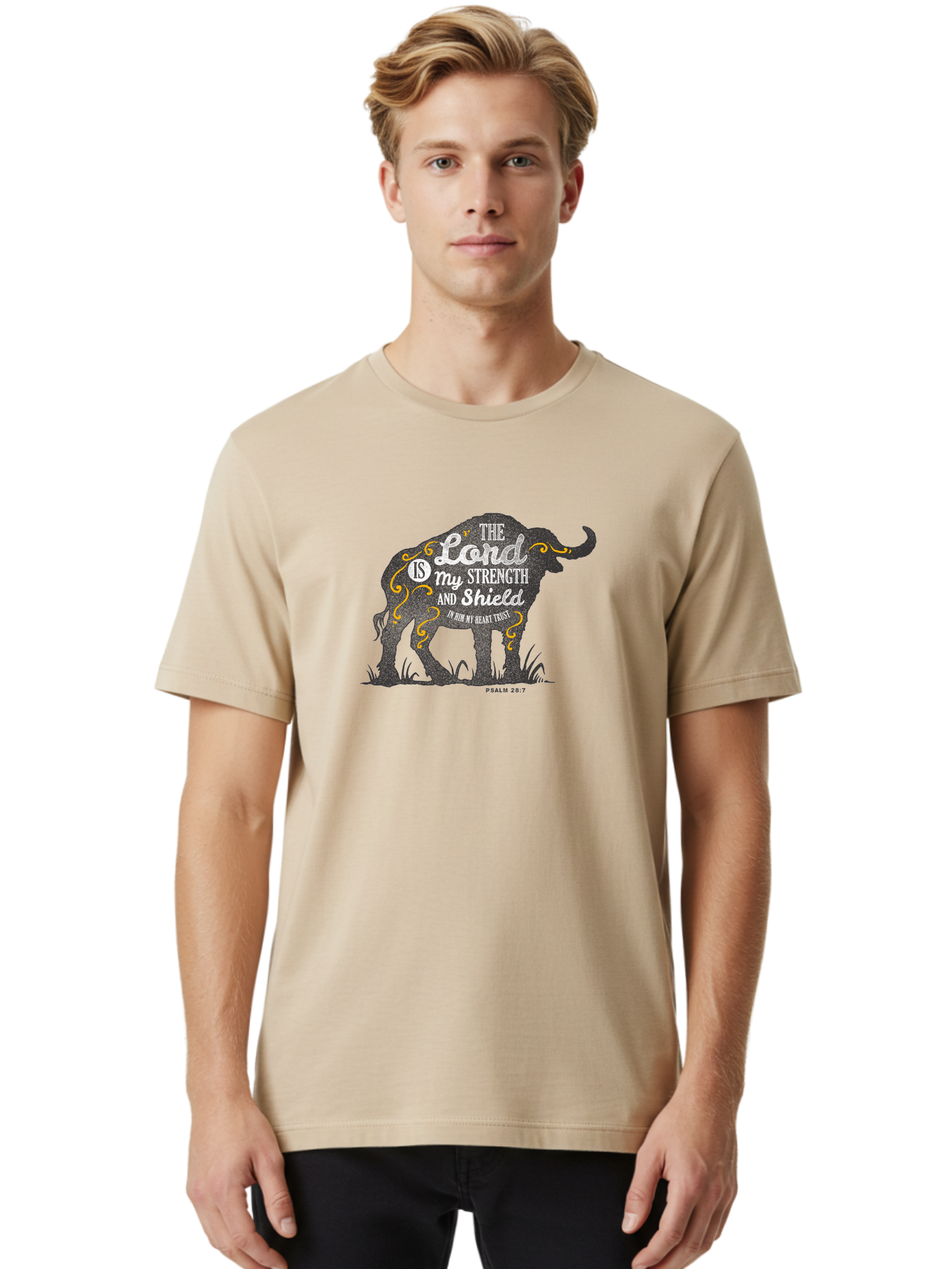 The Lord Is My Strength Men'S Graphic Tee, 100% Cotton, Comfortable Casual Summer Wear, Machine Washable, Inspirational Quote, Bible Verse, Psalm 28:7, Elephant Silhouette, Decorative Flourish, White Typography, Faith-Based Design, Aae714