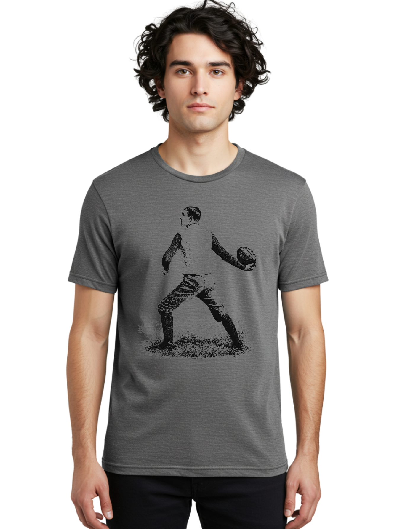 The Original Quarterback Men'S Graphic Tee, 100% Cotton, Comfortable Casual Summer Wear, Machine Washable, Rugby Player In Action, Athlete In Motion, Sports Illustration, Vintage Style, Rugby Ball, Dynamic Pose, Energetic Movement, Aae718