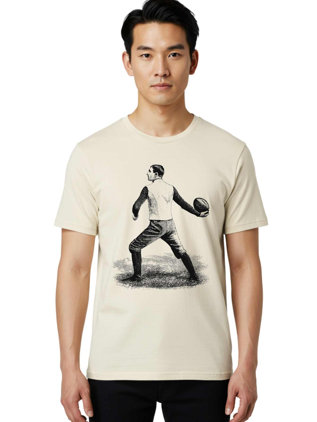 The Original Quarterback Men'S Graphic Tee, 100% Cotton, Comfortable Casual Summer Wear, Machine Washable, Rugby Player In Action, Athlete In Motion, Sports Illustration, Vintage Style, Rugby Ball, Dynamic Pose, Energetic Movement, Aae718