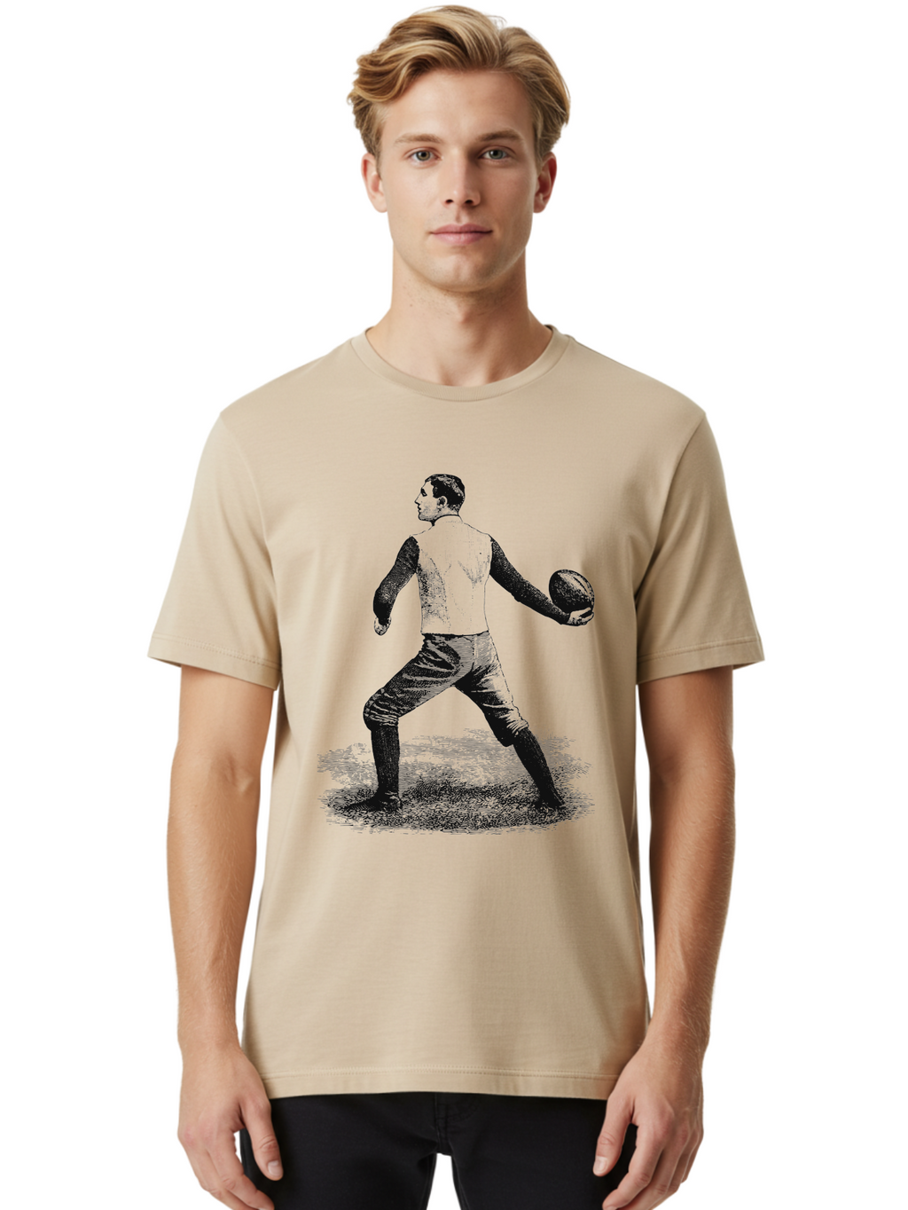 The Original Quarterback Men'S Graphic Tee, 100% Cotton, Comfortable Casual Summer Wear, Machine Washable, Rugby Player In Action, Athlete In Motion, Sports Illustration, Vintage Style, Rugby Ball, Dynamic Pose, Energetic Movement, Aae718