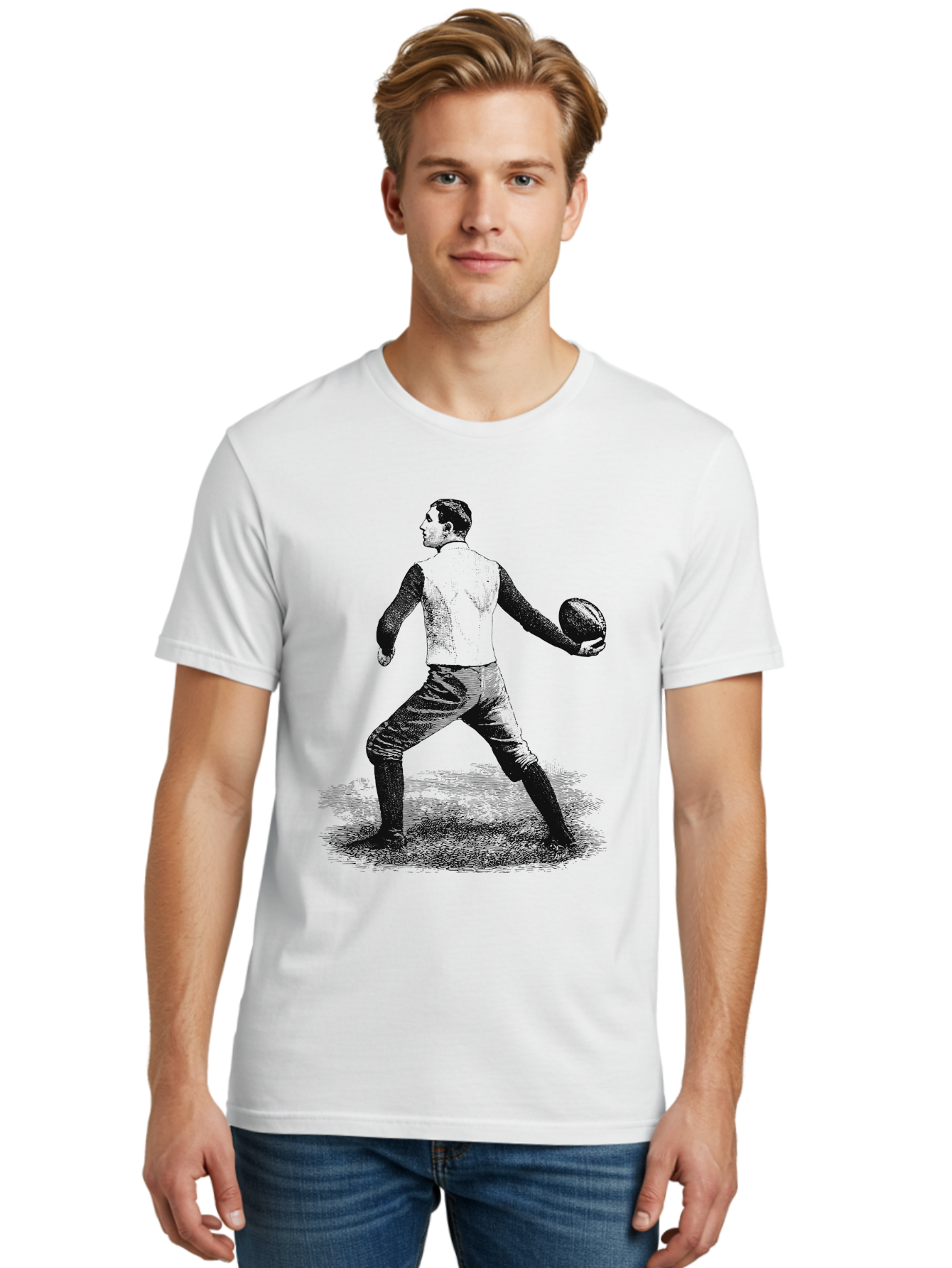 The Original Quarterback Men'S Graphic Tee, 100% Cotton, Comfortable Casual Summer Wear, Machine Washable, Rugby Player In Action, Athlete In Motion, Sports Illustration, Vintage Style, Rugby Ball, Dynamic Pose, Energetic Movement, Aae718