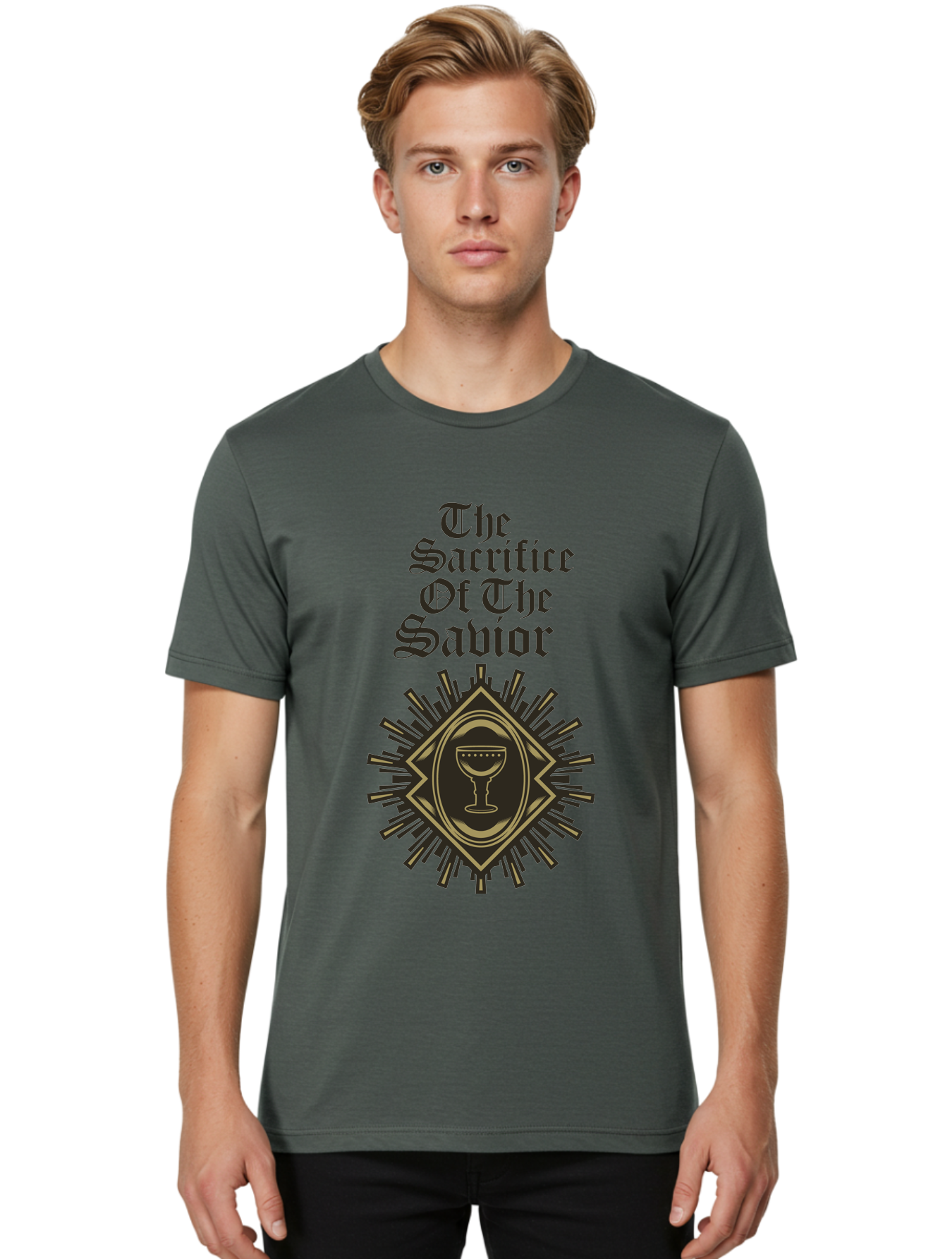 The Sacrifice Of The Savior Men'S Graphic Tee, 100% Cotton, Comfortable Casual Summer Wear, Machine Washable, Chalice Symbolism, Religious Sacrifice, Savior Theme, Spiritual Imagery, Gothic Typography, Sacred Ritual, Faith Representation, Aae719
