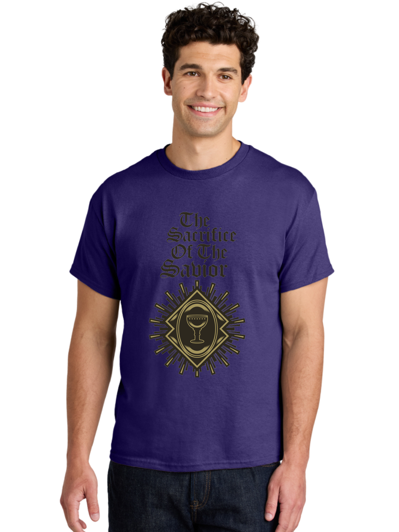 The Sacrifice Of The Savior Men'S Graphic Tee, 100% Cotton, Comfortable Casual Summer Wear, Machine Washable, Chalice Symbolism, Religious Sacrifice, Savior Theme, Spiritual Imagery, Gothic Typography, Sacred Ritual, Faith Representation, Aae719