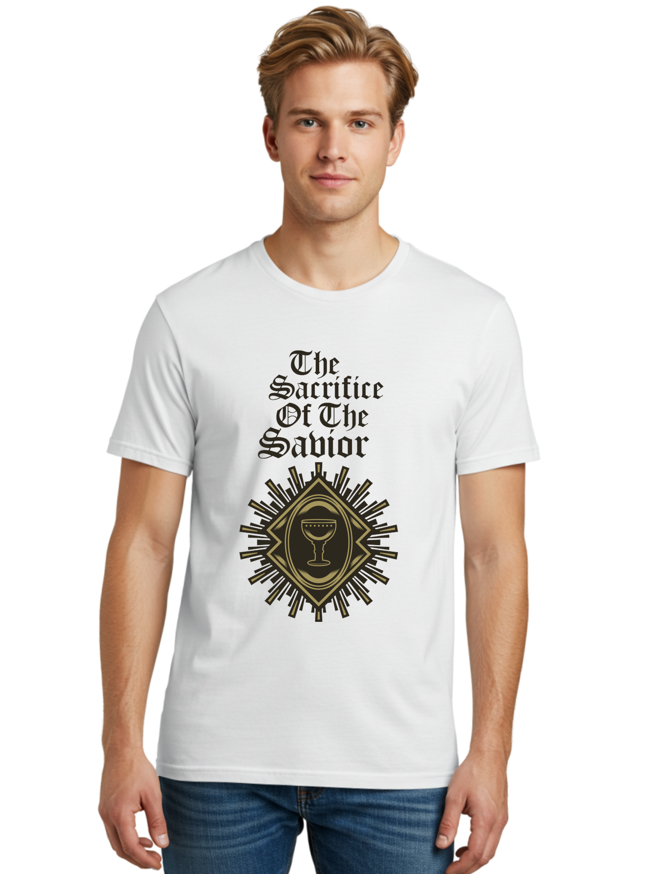The Sacrifice Of The Savior Men'S Graphic Tee, 100% Cotton, Comfortable Casual Summer Wear, Machine Washable, Chalice Symbolism, Religious Sacrifice, Savior Theme, Spiritual Imagery, Gothic Typography, Sacred Ritual, Faith Representation, Aae719