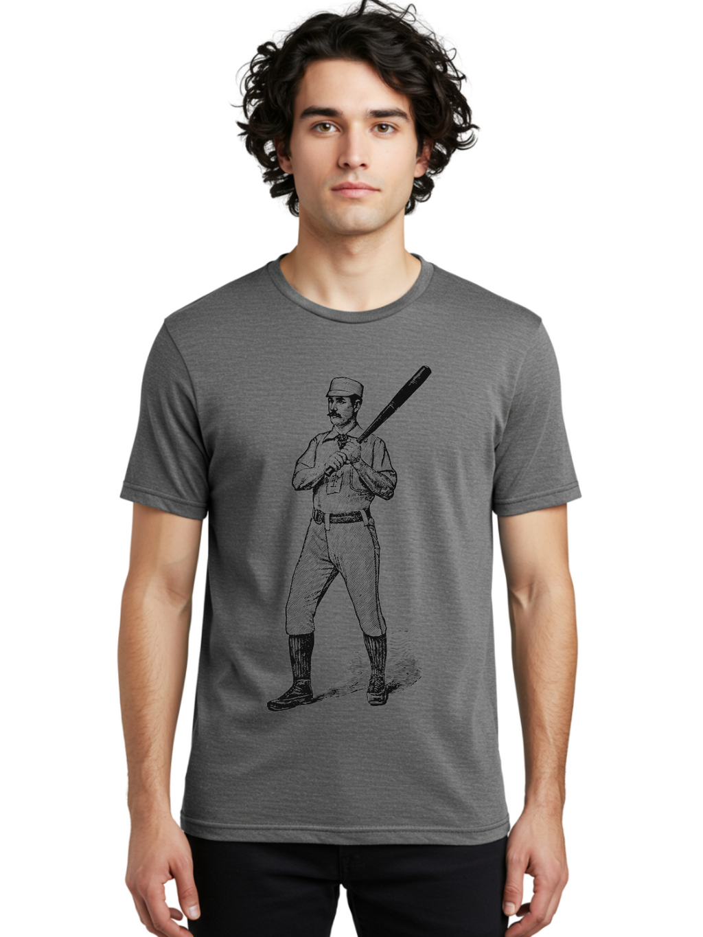 The Vintage Swing Men'S Graphic Tee, 100% Cotton, Comfortable Casual Summer Wear, Machine Washable, Vintage Baseball Player, Old-Fashioned Uniform, Retro Baseball Style, Classic Baseball Illustration, Holding Baseball Bat, Mustachioed Man, Aae725