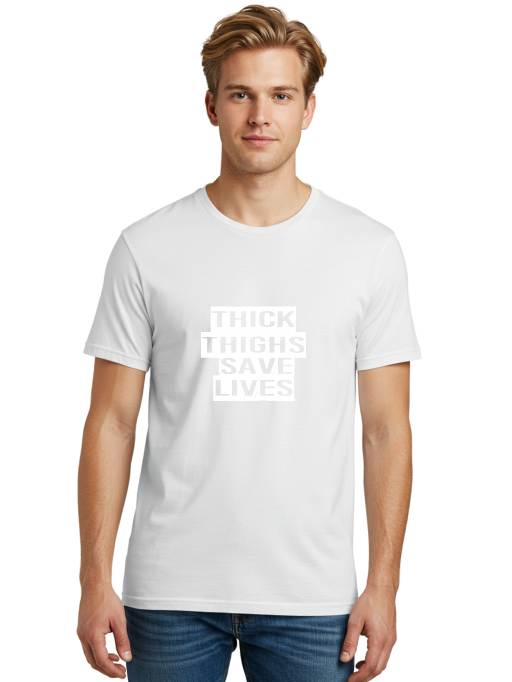 Thick Thighs Save Lives Men'S Graphic Tee, 100% Cotton, Comfortable Casual Summer Wear, Machine Washable, Motivational Quotes, Fitness Inspiration, Body Positivity, Empowerment, Healthy Lifestyle, Strong Thighs, Workout Motivation Aae729