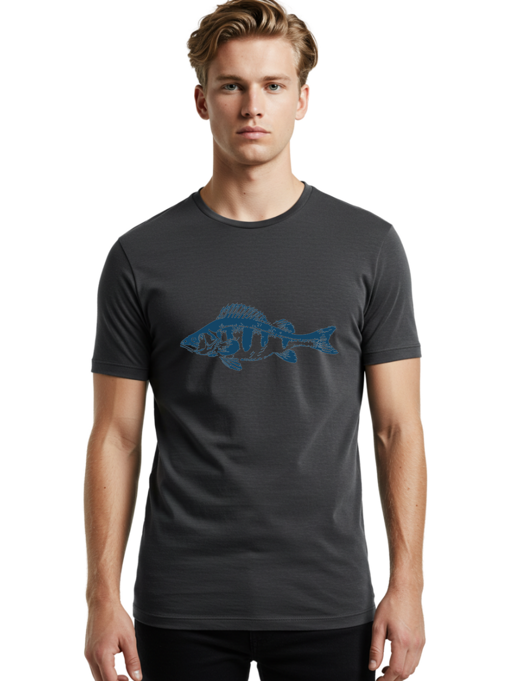 Thornfin Fish Men'S Graphic Tee, 100% Cotton, Comfortable Casual Summer Wear, Machine Washable, Bass Fish Illustration, Blue Fish Graphic, Striped Fish Design, Aquatic Life, Fishing Theme, Marine Species, Illustration Art Aae735