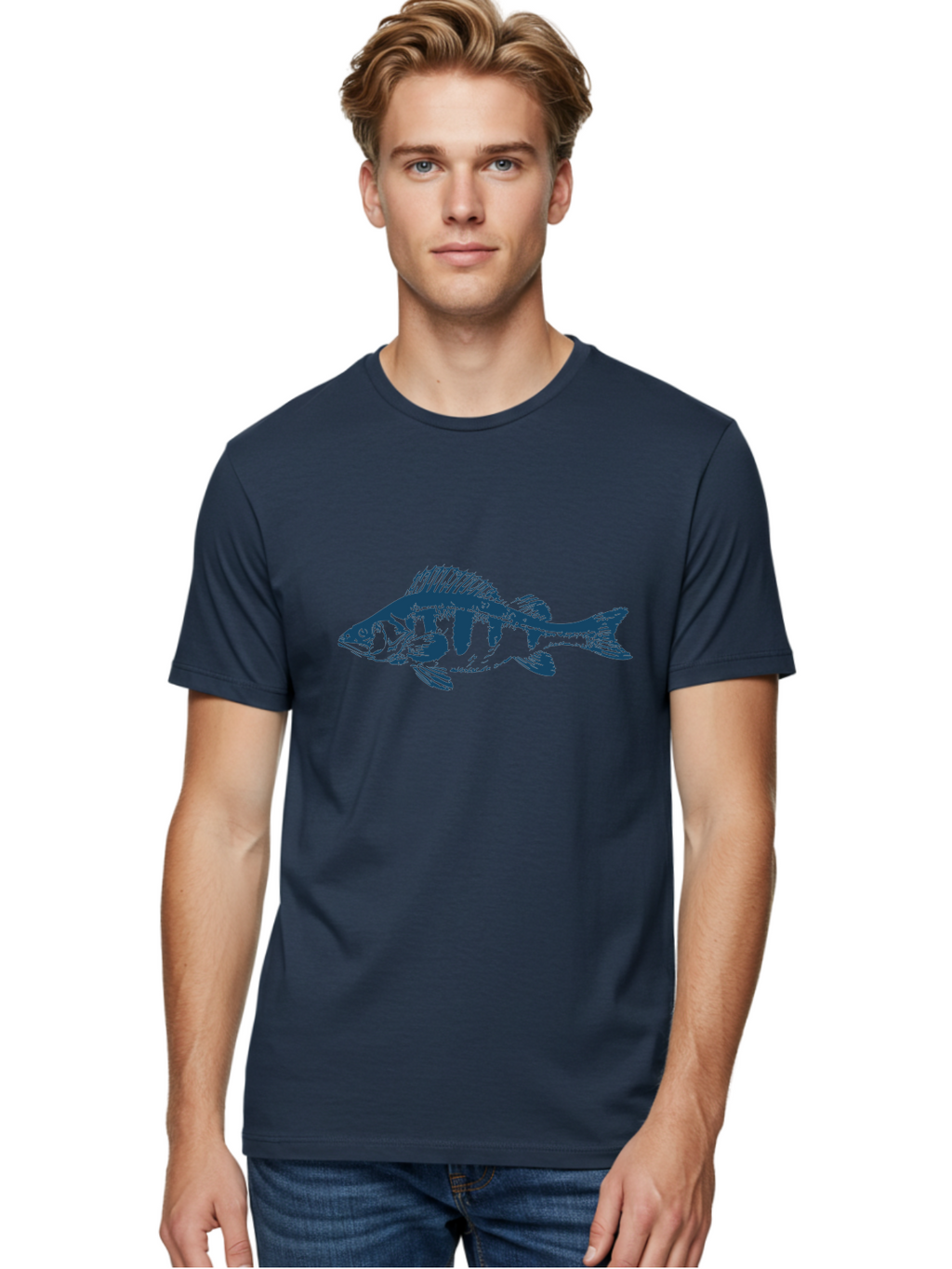Thornfin Fish Men'S Graphic Tee, 100% Cotton, Comfortable Casual Summer Wear, Machine Washable, Bass Fish Illustration, Blue Fish Graphic, Striped Fish Design, Aquatic Life, Fishing Theme, Marine Species, Illustration Art Aae735