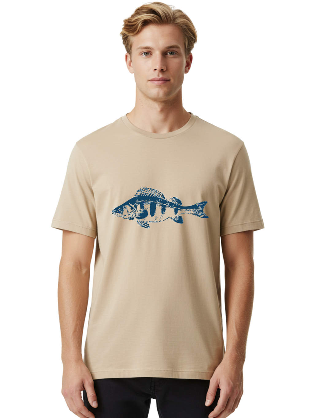 Thornfin Fish Men'S Graphic Tee, 100% Cotton, Comfortable Casual Summer Wear, Machine Washable, Bass Fish Illustration, Blue Fish Graphic, Striped Fish Design, Aquatic Life, Fishing Theme, Marine Species, Illustration Art Aae735