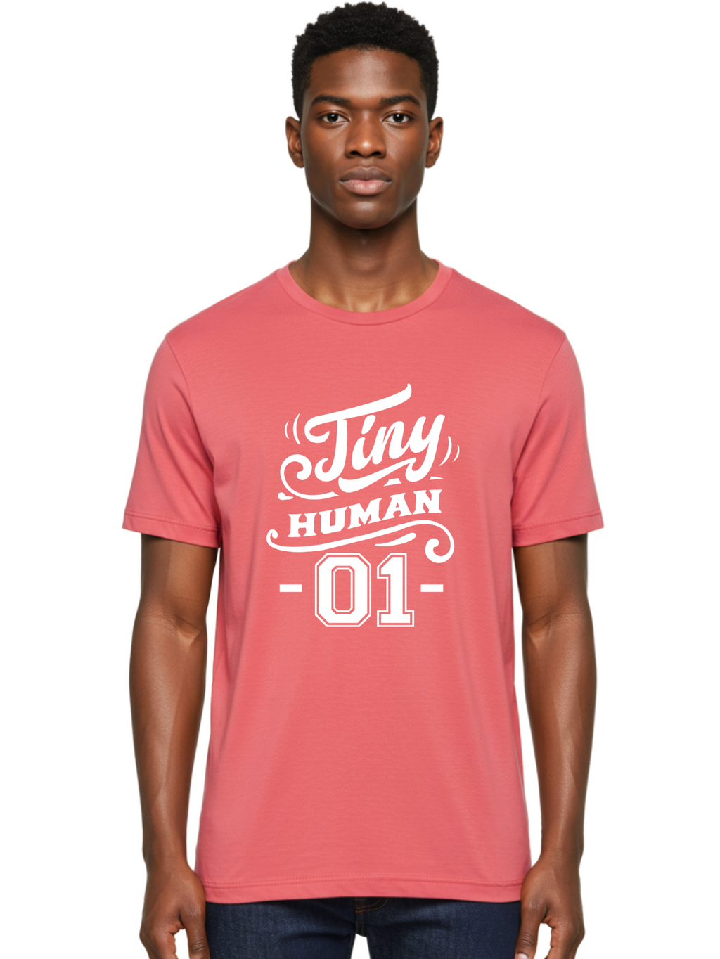 Tiny Human 01 White Men'S Graphic Tee, 100% Cotton, Comfortable Casual Summer Wear, Machine Washable, Tiny Human 01, Typographic Design, White Text On Green, Stylized Font, Decorative Swirls, Modern Typography, Minimalist Style, Aae740