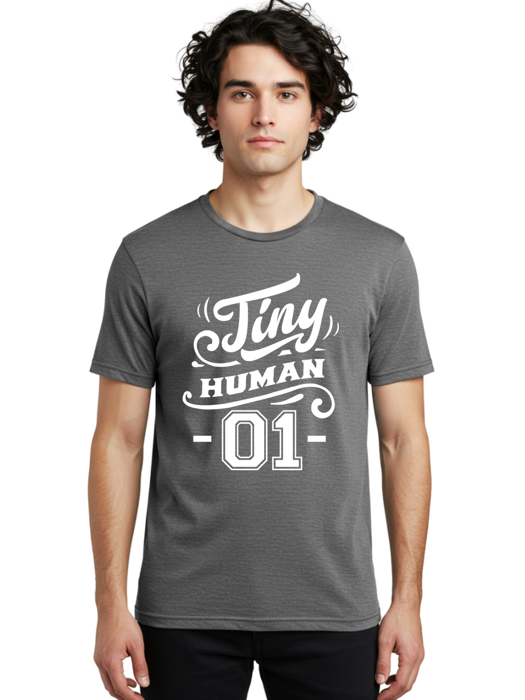 Tiny Human 01 White Men'S Graphic Tee, 100% Cotton, Comfortable Casual Summer Wear, Machine Washable, Tiny Human 01, Typographic Design, White Text On Green, Stylized Font, Decorative Swirls, Modern Typography, Minimalist Style, Aae740