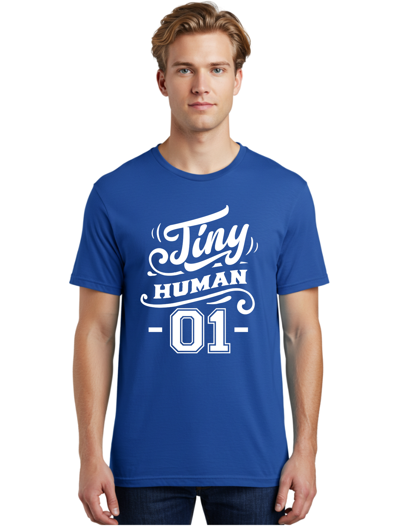 Tiny Human 01 White Men'S Graphic Tee, 100% Cotton, Comfortable Casual Summer Wear, Machine Washable, Tiny Human 01, Typographic Design, White Text On Green, Stylized Font, Decorative Swirls, Modern Typography, Minimalist Style, Aae740