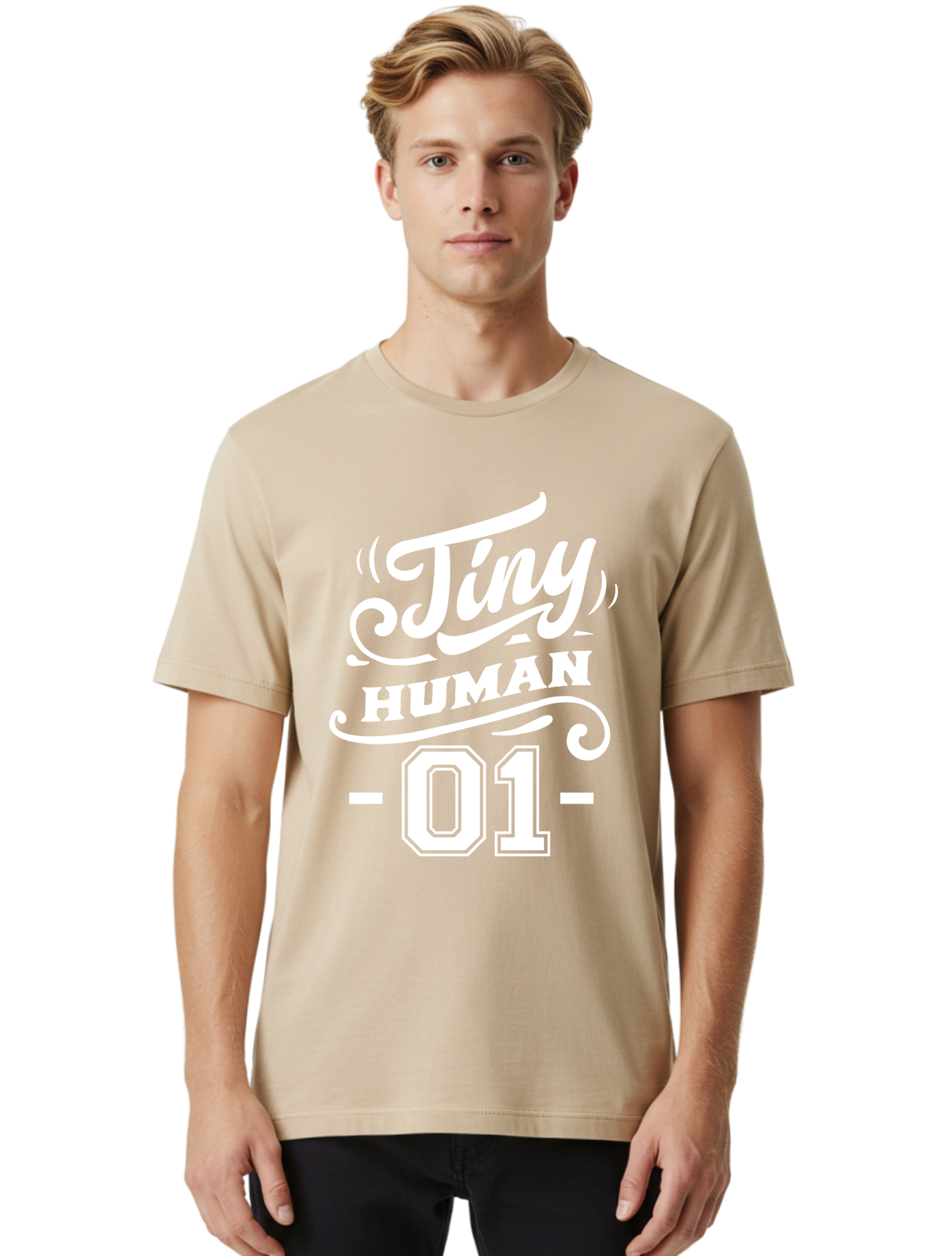 Tiny Human 01 White Men'S Graphic Tee, 100% Cotton, Comfortable Casual Summer Wear, Machine Washable, Tiny Human 01, Typographic Design, White Text On Green, Stylized Font, Decorative Swirls, Modern Typography, Minimalist Style, Aae740