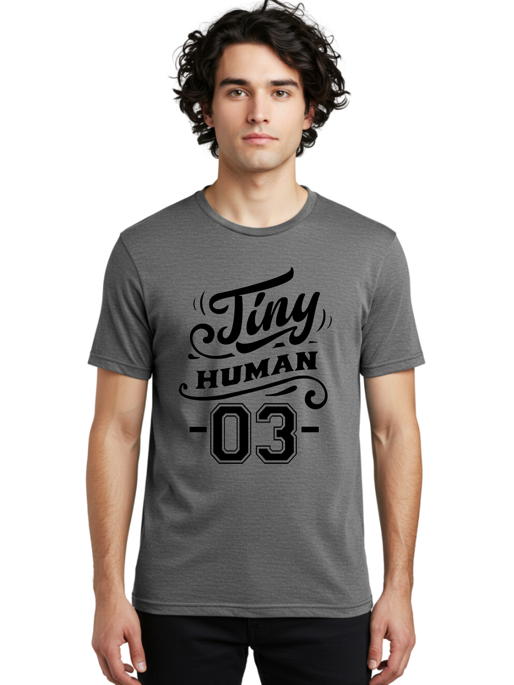 Tiny Human 03 Men'S Graphic Tee, 100% Cotton, Comfortable Casual Summer Wear, Machine Washable, Tiny Human 03, Typographic Design, Abstract Art, Minimalist Style, Black Text, Swirly Fonts, Elegant Typography, Modern Graphics, Number 03 Aae745