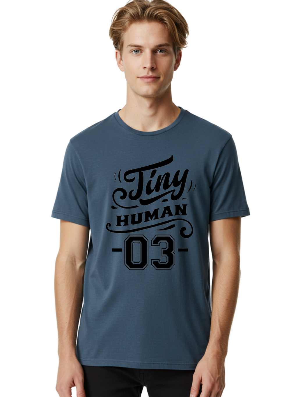 Tiny Human 03 Men'S Graphic Tee, 100% Cotton, Comfortable Casual Summer Wear, Machine Washable, Tiny Human 03, Typographic Design, Abstract Art, Minimalist Style, Black Text, Swirly Fonts, Elegant Typography, Modern Graphics, Number 03 Aae745