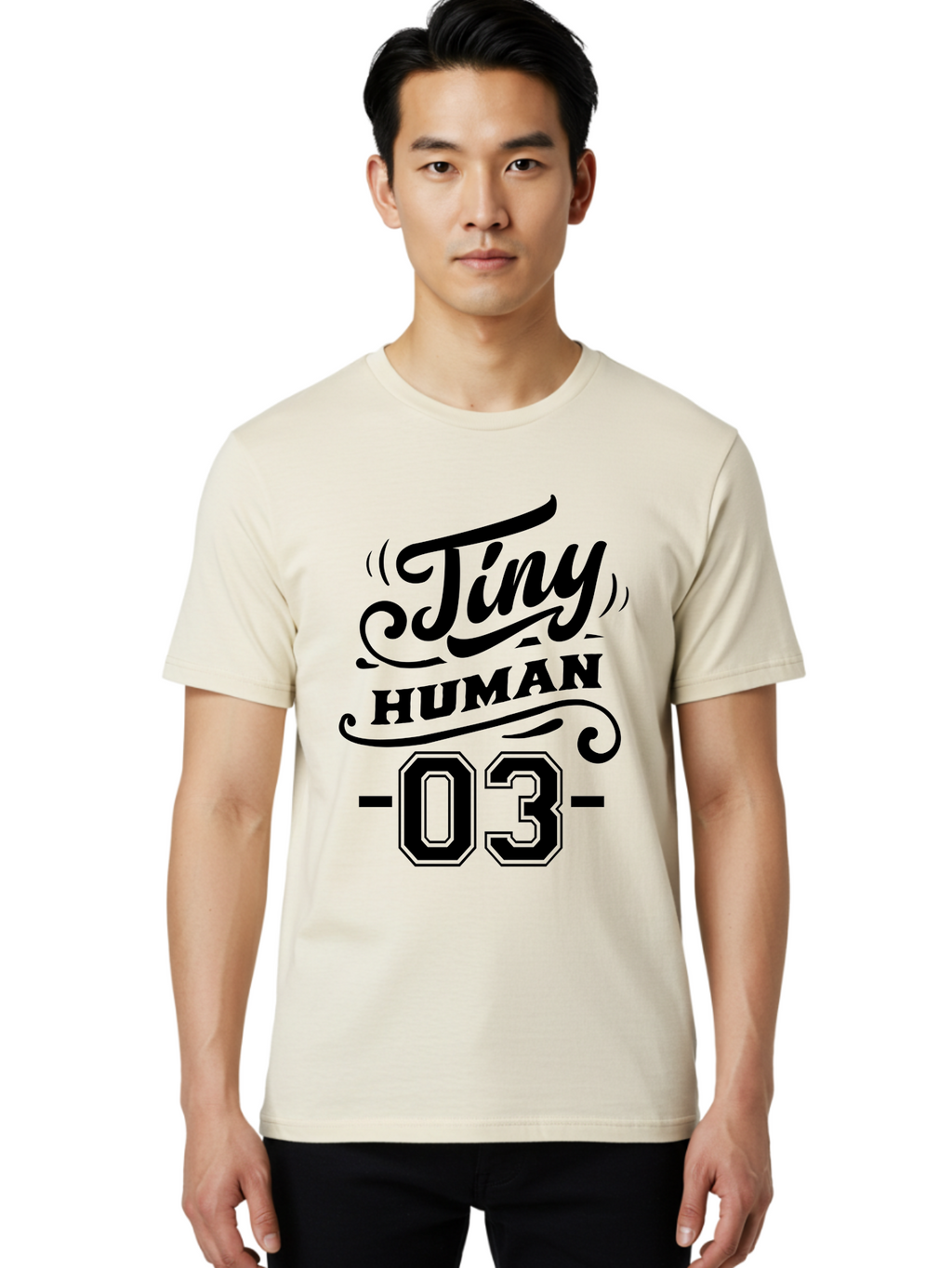 Tiny Human 03 Men'S Graphic Tee, 100% Cotton, Comfortable Casual Summer Wear, Machine Washable, Tiny Human 03, Typographic Design, Abstract Art, Minimalist Style, Black Text, Swirly Fonts, Elegant Typography, Modern Graphics, Number 03 Aae745