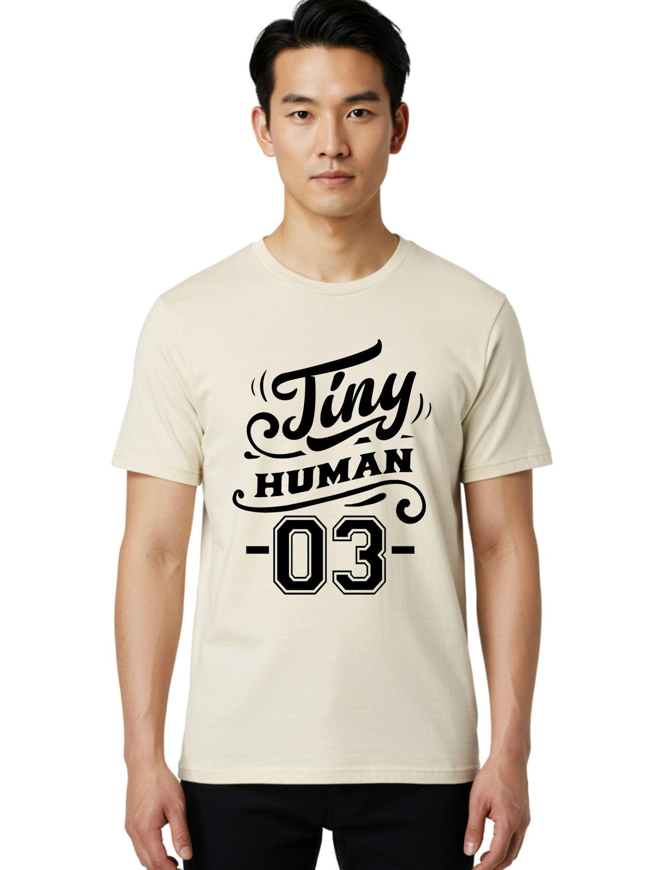 Tiny Human 03 Men'S Graphic Tee, 100% Cotton, Comfortable Casual Summer Wear, Machine Washable, Tiny Human 03, Typographic Design, Abstract Art, Minimalist Style, Black Text, Swirly Fonts, Elegant Typography, Modern Graphics, Number 03 Aae745