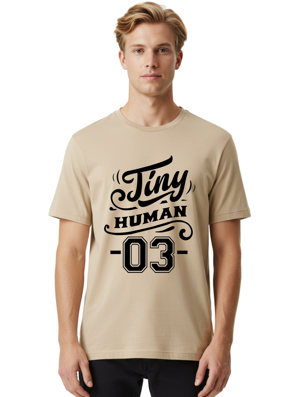 Tiny Human 03 Men'S Graphic Tee, 100% Cotton, Comfortable Casual Summer Wear, Machine Washable, Tiny Human 03, Typographic Design, Abstract Art, Minimalist Style, Black Text, Swirly Fonts, Elegant Typography, Modern Graphics, Number 03 Aae745
