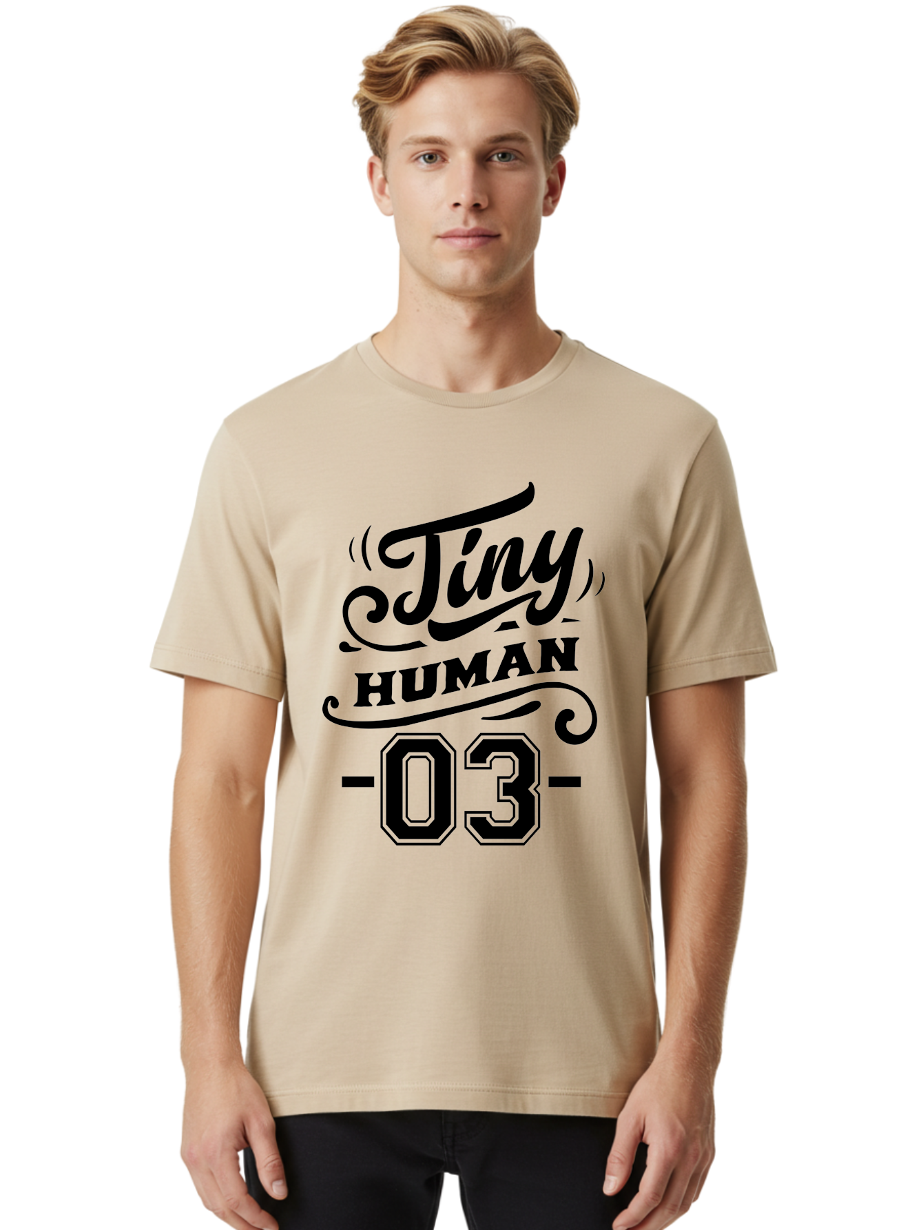 Tiny Human 03 Men'S Graphic Tee, 100% Cotton, Comfortable Casual Summer Wear, Machine Washable, Tiny Human 03, Typographic Design, Abstract Art, Minimalist Style, Black Text, Swirly Fonts, Elegant Typography, Modern Graphics, Number 03 Aae745