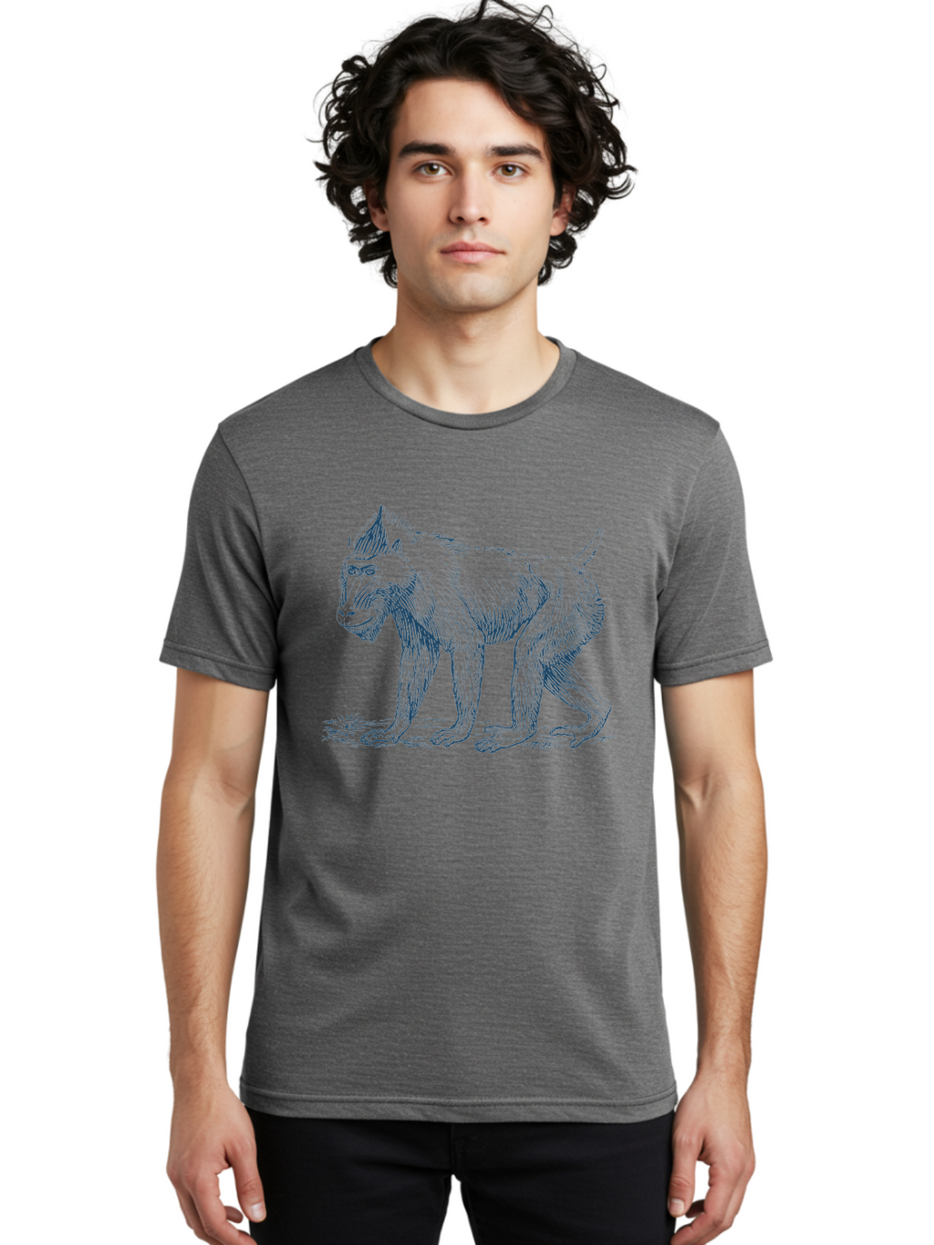 Tribal Ape Men'S Graphic Tee, 100% Cotton, Comfortable Casual Summer Wear, Machine Washable, Pen Drawing Of Baboon, Primate Illustration, Animal Art, Wildlife Graphic, Creature Design, Detailed Sketch Aae754