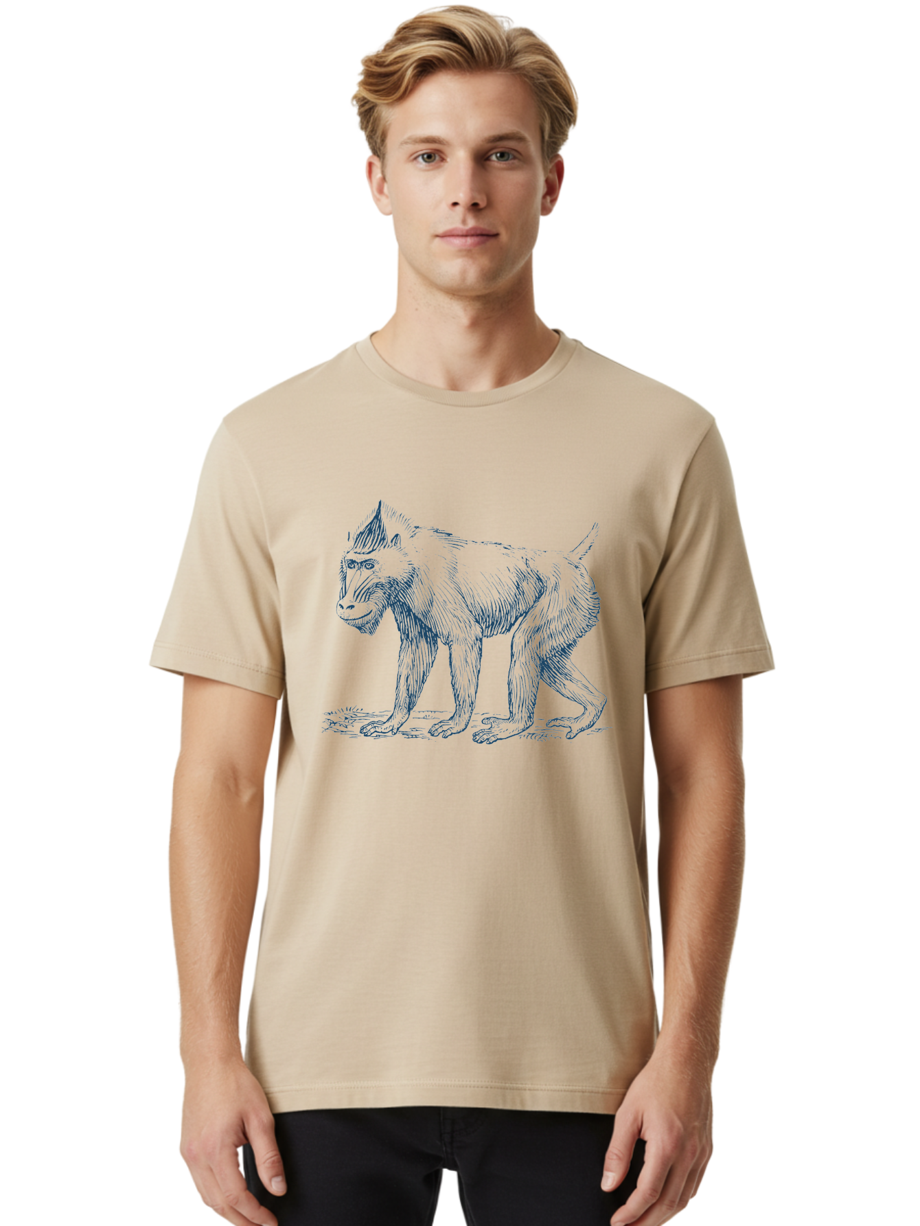 Tribal Ape Men'S Graphic Tee, 100% Cotton, Comfortable Casual Summer Wear, Machine Washable, Pen Drawing Of Baboon, Primate Illustration, Animal Art, Wildlife Graphic, Creature Design, Detailed Sketch Aae754