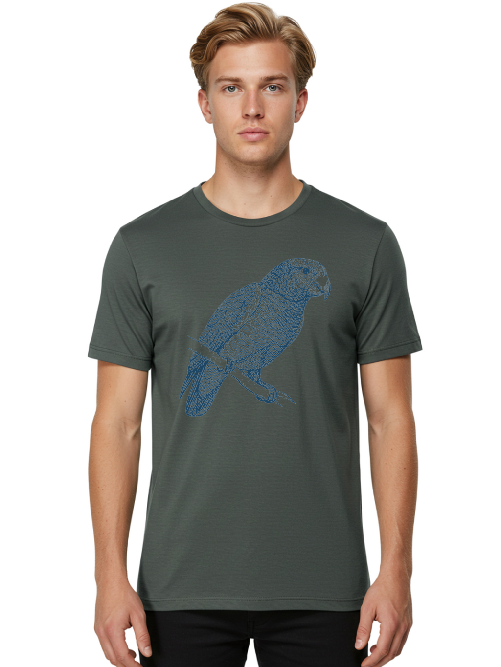 Tropical Bird Watch Men'S Graphic Tee, 100% Cotton, Comfortable Casual Summer Wear, Machine Washable, Parrot On A Branch, Bird'S Eye View, Detailed Illustration, Feathered Texture, Beak, Claws, Wildlife Art, Nature-Inspired Design Aae757