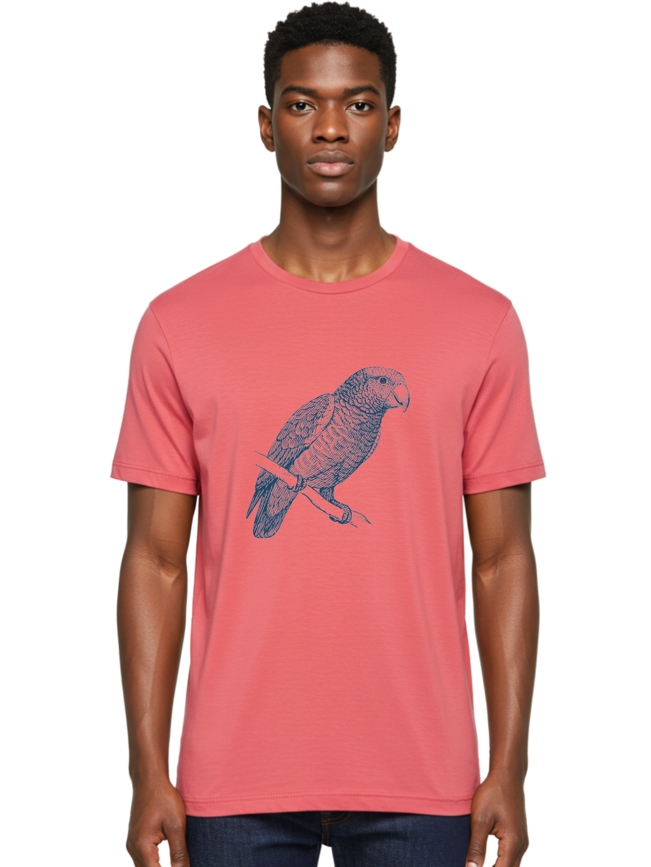Tropical Bird Watch Men'S Graphic Tee, 100% Cotton, Comfortable Casual Summer Wear, Machine Washable, Parrot On A Branch, Bird'S Eye View, Detailed Illustration, Feathered Texture, Beak, Claws, Wildlife Art, Nature-Inspired Design Aae757