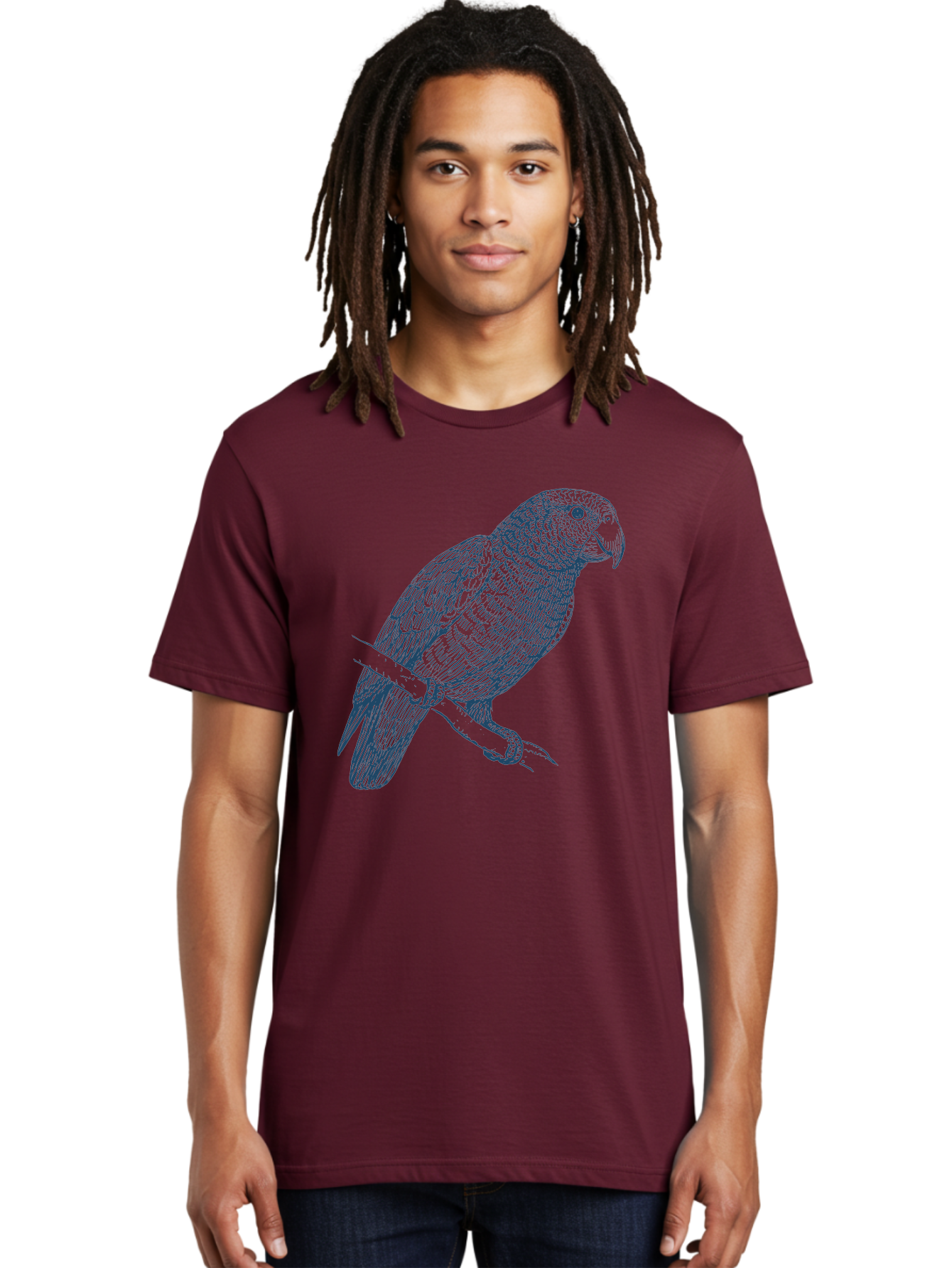Tropical Bird Watch Men'S Graphic Tee, 100% Cotton, Comfortable Casual Summer Wear, Machine Washable, Parrot On A Branch, Bird'S Eye View, Detailed Illustration, Feathered Texture, Beak, Claws, Wildlife Art, Nature-Inspired Design Aae757