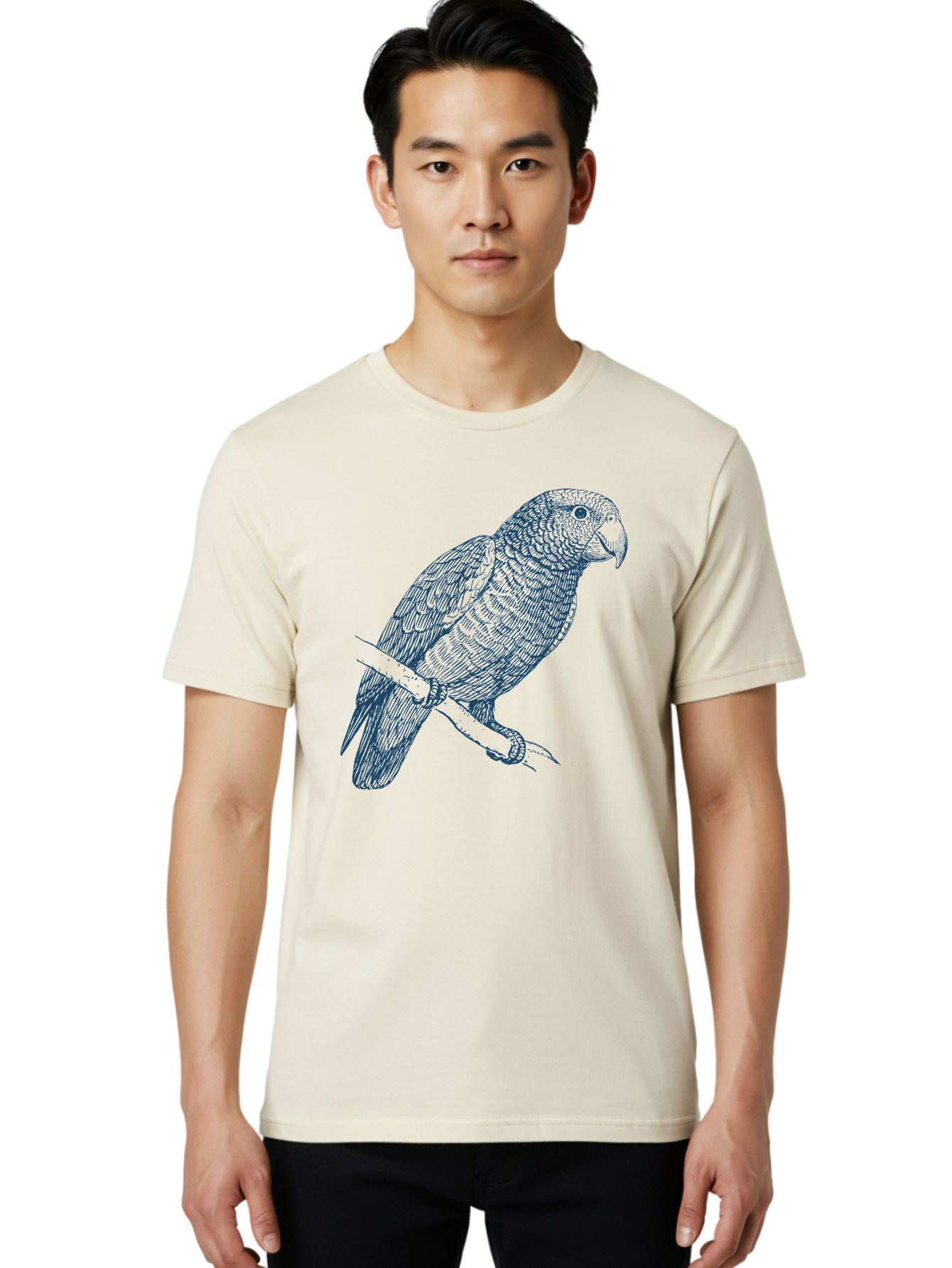 Tropical Bird Watch Men'S Graphic Tee, 100% Cotton, Comfortable Casual Summer Wear, Machine Washable, Parrot On A Branch, Bird'S Eye View, Detailed Illustration, Feathered Texture, Beak, Claws, Wildlife Art, Nature-Inspired Design Aae757