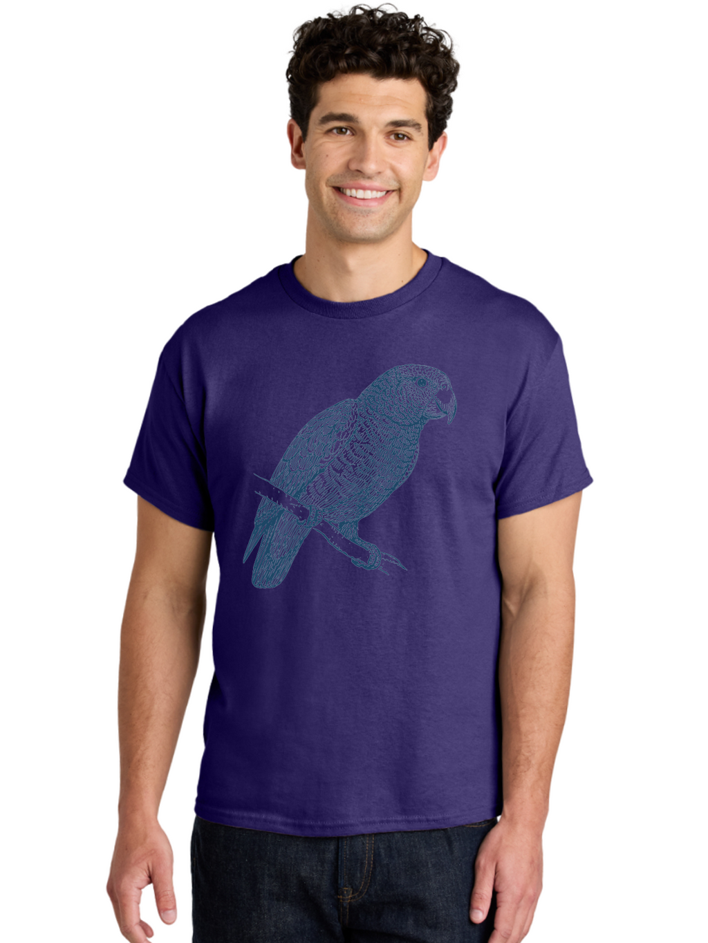 Tropical Bird Watch Men'S Graphic Tee, 100% Cotton, Comfortable Casual Summer Wear, Machine Washable, Parrot On A Branch, Bird'S Eye View, Detailed Illustration, Feathered Texture, Beak, Claws, Wildlife Art, Nature-Inspired Design Aae757