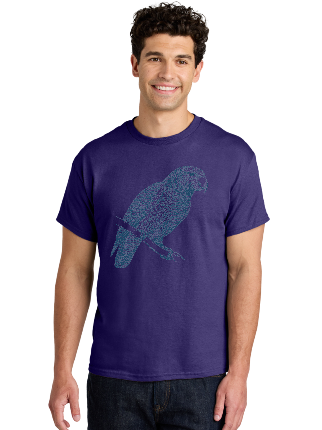 Tropical Bird Watch Men'S Graphic Tee, 100% Cotton, Comfortable Casual Summer Wear, Machine Washable, Parrot On A Branch, Bird'S Eye View, Detailed Illustration, Feathered Texture, Beak, Claws, Wildlife Art, Nature-Inspired Design Aae757