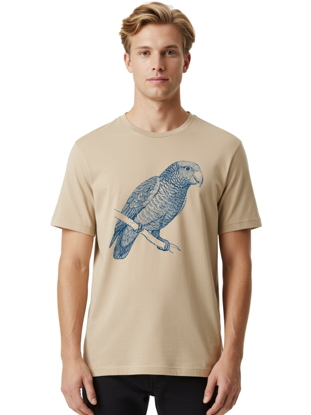 Tropical Bird Watch Men'S Graphic Tee, 100% Cotton, Comfortable Casual Summer Wear, Machine Washable, Parrot On A Branch, Bird'S Eye View, Detailed Illustration, Feathered Texture, Beak, Claws, Wildlife Art, Nature-Inspired Design Aae757