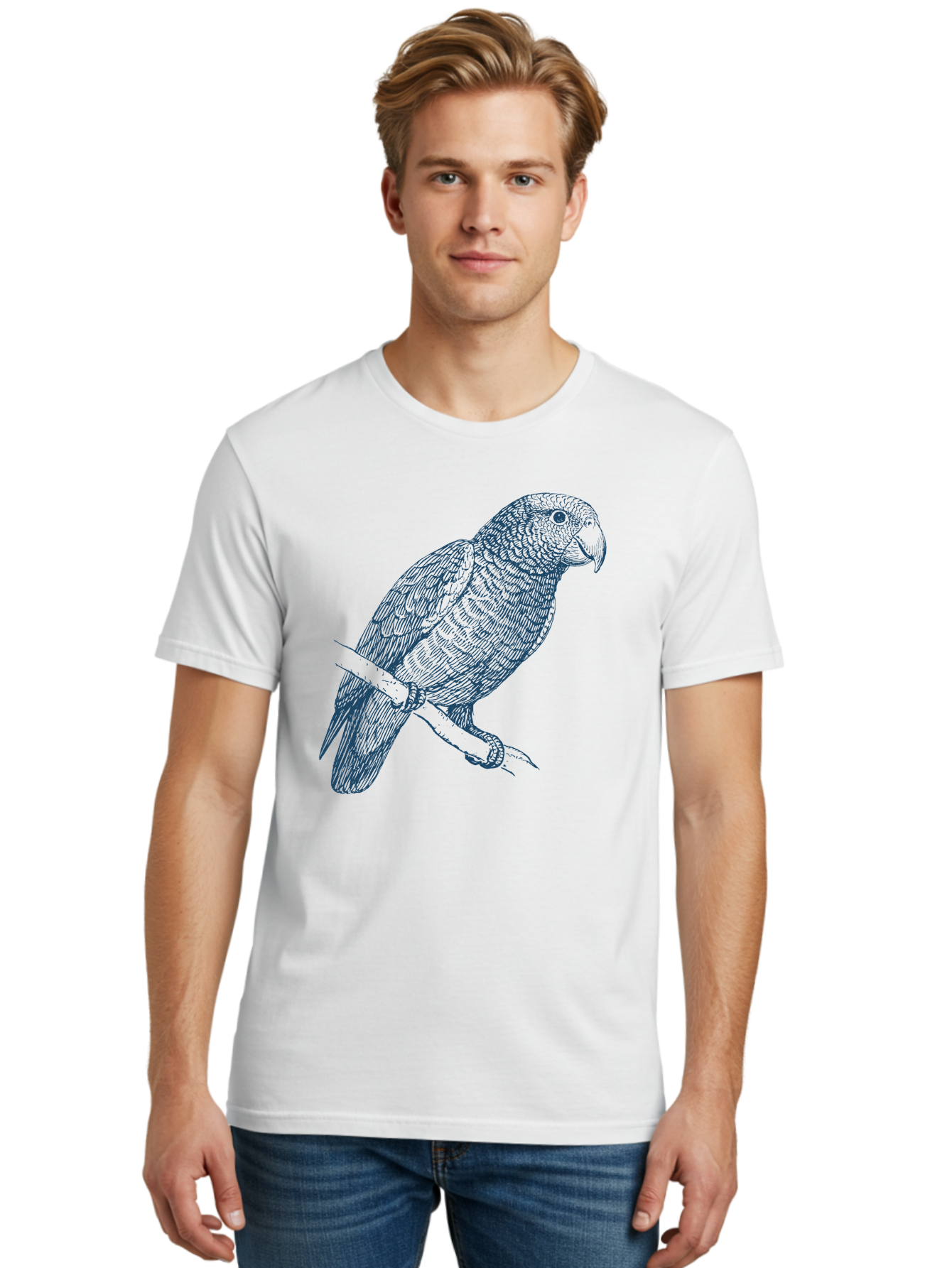 Tropical Bird Watch Men'S Graphic Tee, 100% Cotton, Comfortable Casual Summer Wear, Machine Washable, Parrot On A Branch, Bird'S Eye View, Detailed Illustration, Feathered Texture, Beak, Claws, Wildlife Art, Nature-Inspired Design Aae757