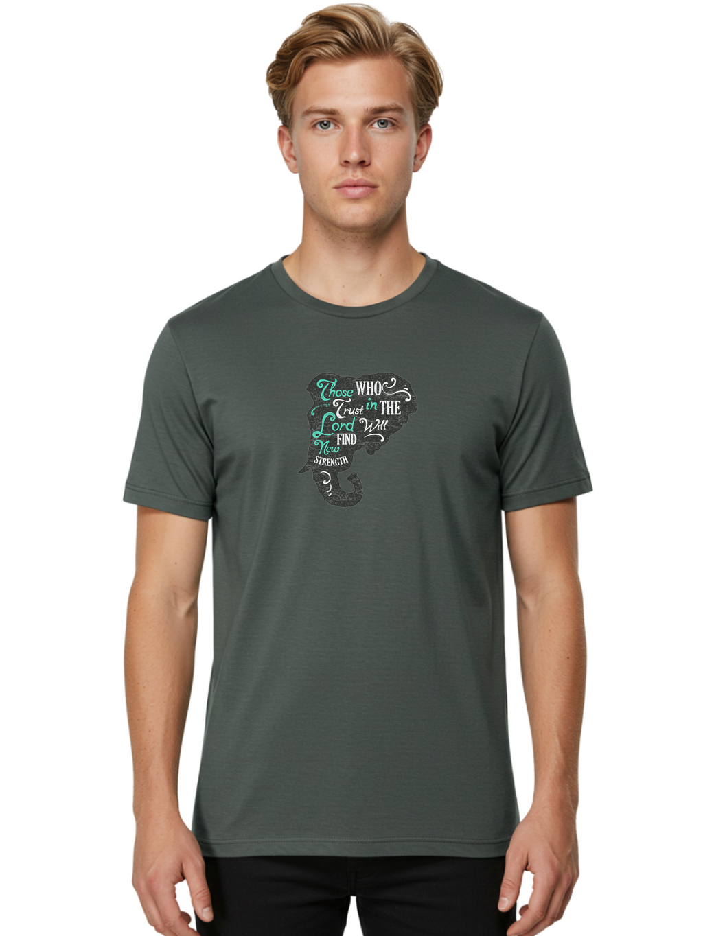 Trust In The Lord Men'S Graphic Tee, 100% Cotton, Comfortable Casual Summer Wear, Machine Washable, Elephant Silhouette, Trust In The Lord, Inspirational Quote, Motivational Words, Faith Based Design, New Strength, Uplifting Message Aae759