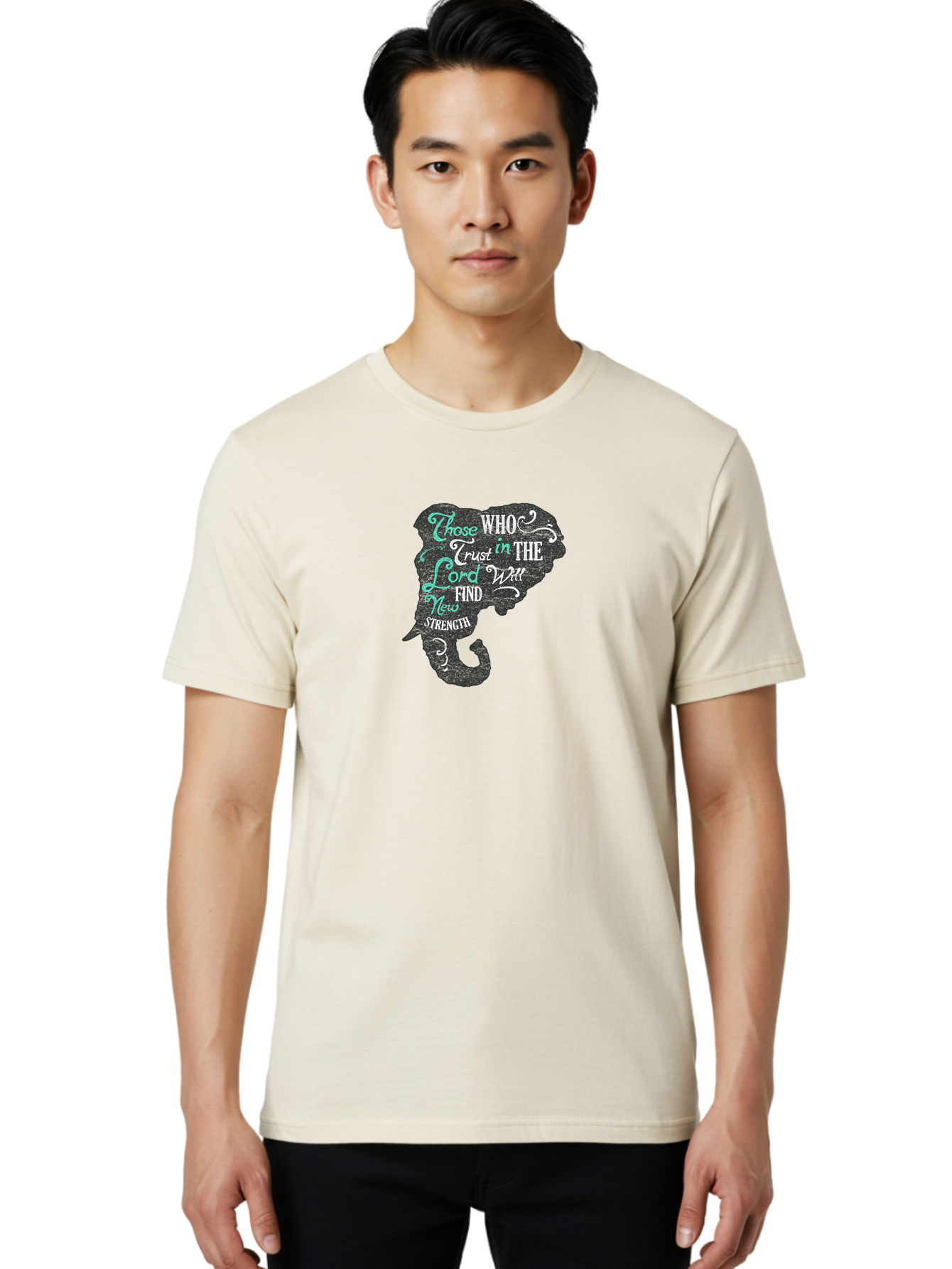 Trust In The Lord Men'S Graphic Tee, 100% Cotton, Comfortable Casual Summer Wear, Machine Washable, Elephant Silhouette, Trust In The Lord, Inspirational Quote, Motivational Words, Faith Based Design, New Strength, Uplifting Message Aae759