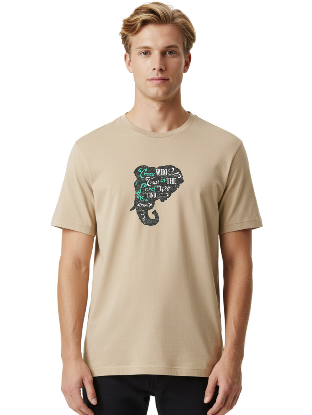 Trust In The Lord Men'S Graphic Tee, 100% Cotton, Comfortable Casual Summer Wear, Machine Washable, Elephant Silhouette, Trust In The Lord, Inspirational Quote, Motivational Words, Faith Based Design, New Strength, Uplifting Message Aae759