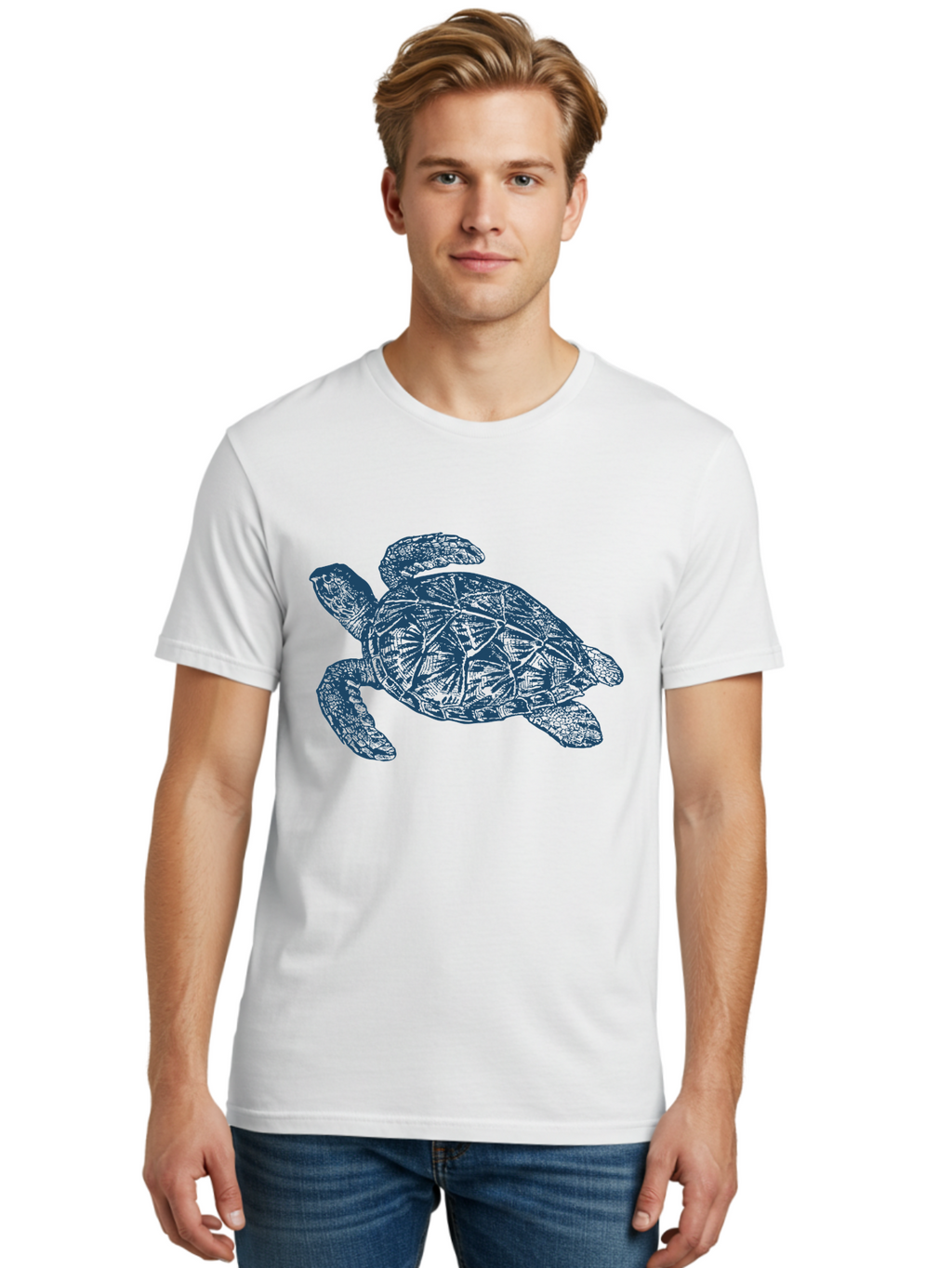 Turtle Drift Men'S Graphic Tee, 100% Cotton, Comfortable Casual Summer Wear, Machine Washable, Sea Turtle, Marine Life, Ocean Creature, Wildlife Conservation, Protected Species, Slow-Moving Animal, Shell Pattern, Blue Illustration, Aae763