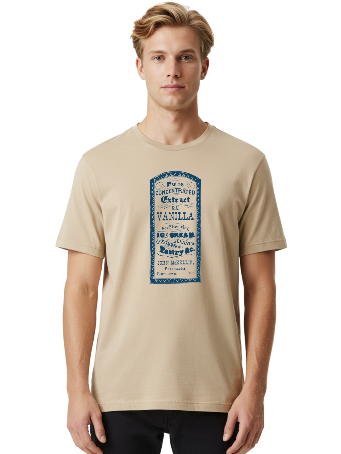 Vanilla-Extract Men'S Graphic Tee, 100% Cotton, Comfortable Casual Summer Wear, Machine Washable, Vanilla Extract Label, Vintage Design, Concentrated Vanilla, Ice Cream Flavoring, Custard Desserts, Pastry Ingredients, John Mckellip Pharmacist, Aae767