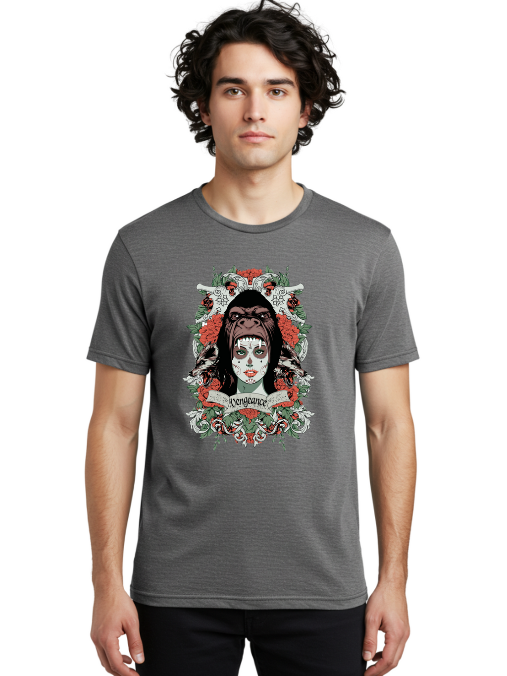 Vengeance Queen Men'S Graphic Tee, 100% Cotton, Comfortable Casual Summer Wear, Machine Washable, Gorilla Mask, Sugar Skull Design, Floral Wreath, Red Roses, Vengeance Banner, Crossbones, Gothic Style, Tattoo Art, Dark Illustration Aae769